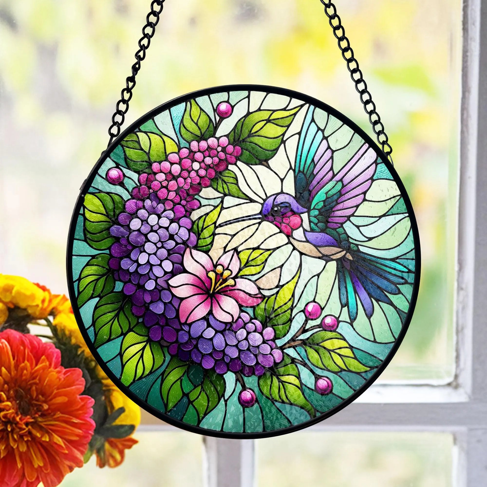 Hummingbird and Lilac Stained Glass Suncatcher, Floral Window Hanging, Nature Stained Glass Decor, Bird Lover Gift, Botanical Home Accent, Colorful Stained Glass Effect Suncatcher, Acrylic Window Hanging Art, Bright Home Accent, Gift for Home Lovers