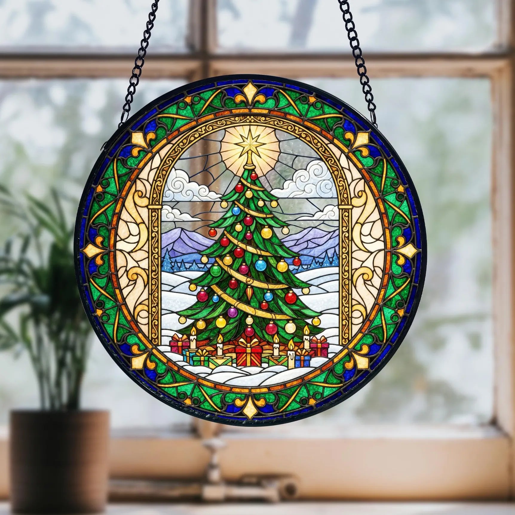 Stained Glass Christmas Tree Suncatcher_ Cathedral Window Holiday Decor, Stained Glass Style Clover Suncatcher, Acrylic Window Hanging Decor, Four Leaf Lucky Ornament, Green Sun Catcher Panel, Unique Home Gift