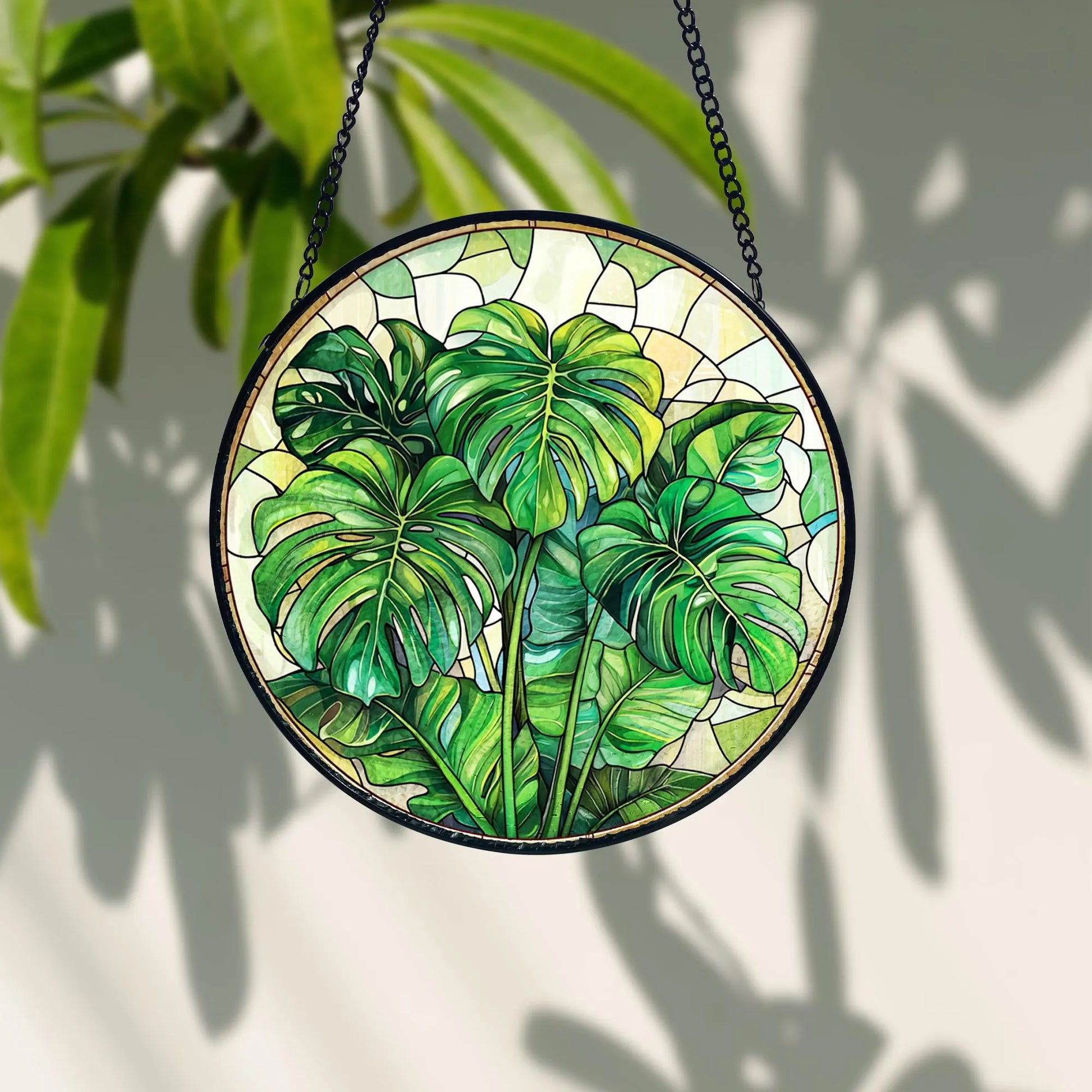 Handmade Monstera Plant Stained Glass Suncatcher_ Botanical Window Decor, Stained Glass Acrylic Suncatcher, Vibrant Window Hanging Art, Colorful Light Catcher Decor, Boho Window Ornament, Unique Home Gift