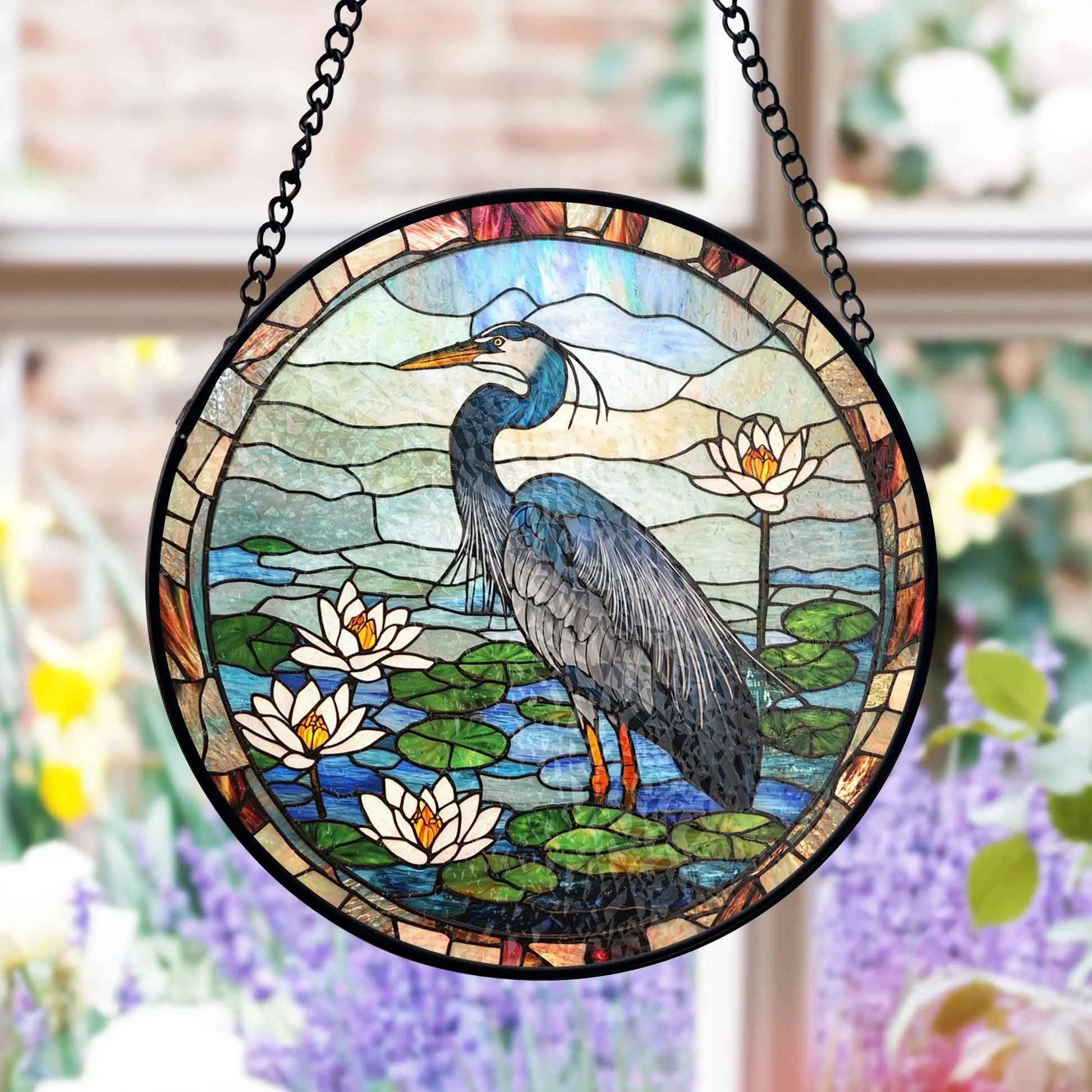 Heron Stained Glass Suncatcher, Water Lily Pond Decor, Nature Bird Art, Wildlife Lover Gift Idea, Gift for Mom, Bird Lover Gift, Stained Glass Style Acrylic Window Ornament, Decorative Sun Catcher Hanging, Unique Home Decor