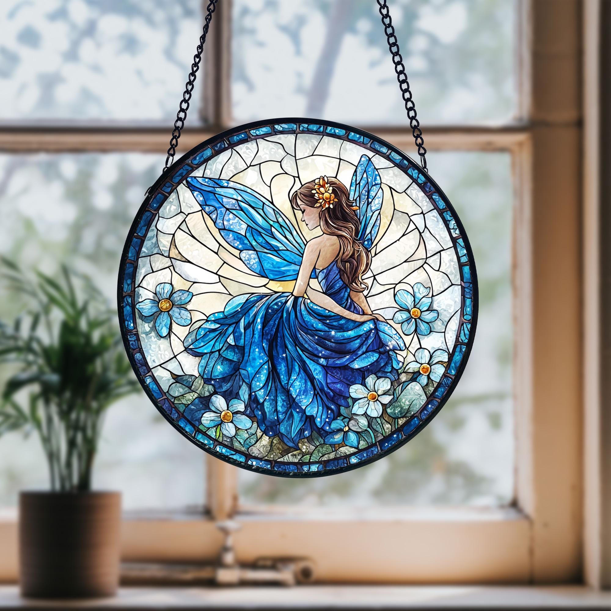 Fairy Stained Glass Suncatcher_ Whimsical Window Hanging, Colorful Sun Catcher Ornament, Boho Window Decoration, Unique Gift