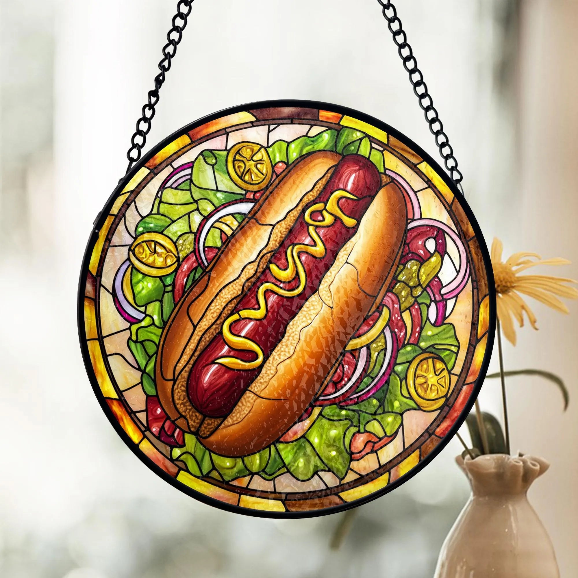 Hot Dog Stained Glass Suncatcher, Retro Diner Kitchen Decor, Fast Food Lover Gift, Vintage Foodie Window Hanging, Fun Mom Gift, Colorful Stained Glass Effect Suncatcher, Acrylic Window Hanging Art, Bright Home Accent, Gift for Home Lovers