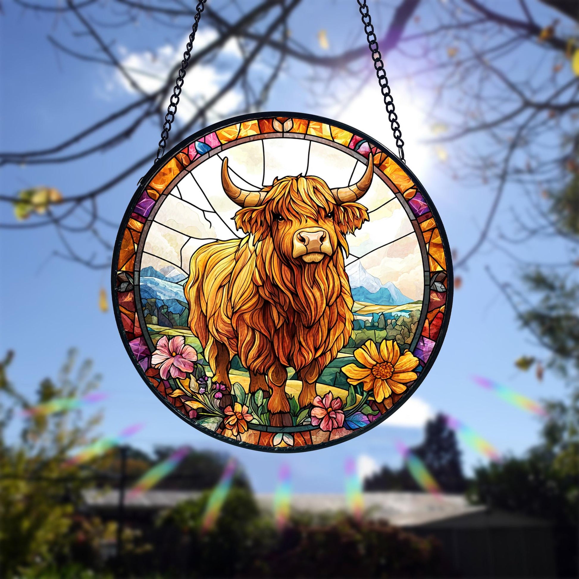 Highland Cow Faux Stained Glass Window Hanging_ Farmhouse Decor, Handcrafted Stained Glass Suncatcher, Vibrant Window Art Panel, Sunlit Light Catcher Decoration, Boho Room Decor, Gift for Home Lovers
