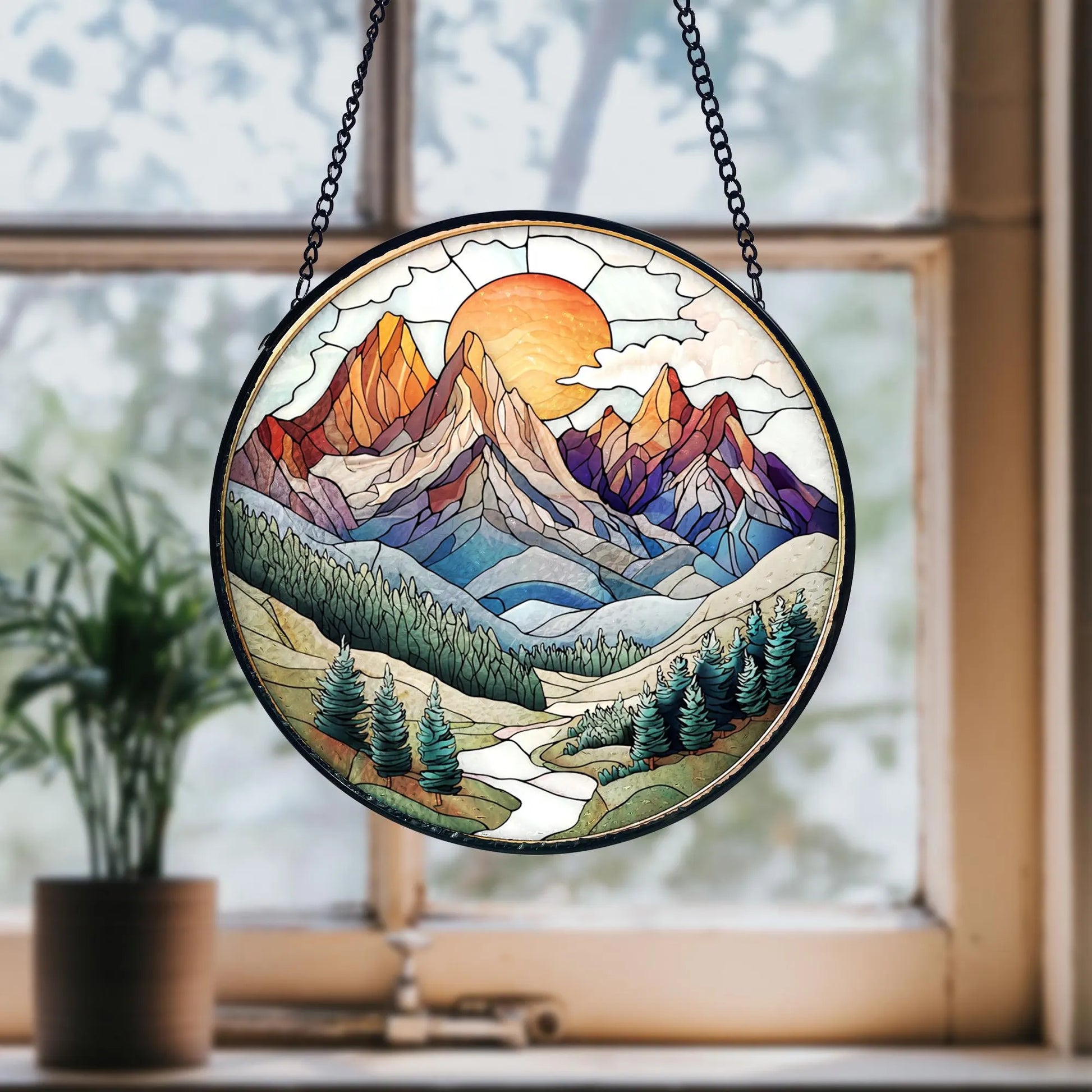 Handmade Mountain Range Stained Glass Suncatcher_ Nature Window Hanging, Stained Glass Acrylic Suncatcher, Vibrant Window Hanging Art, Colorful Light Catcher Decor, Boho Window Ornament, Unique Home Gift