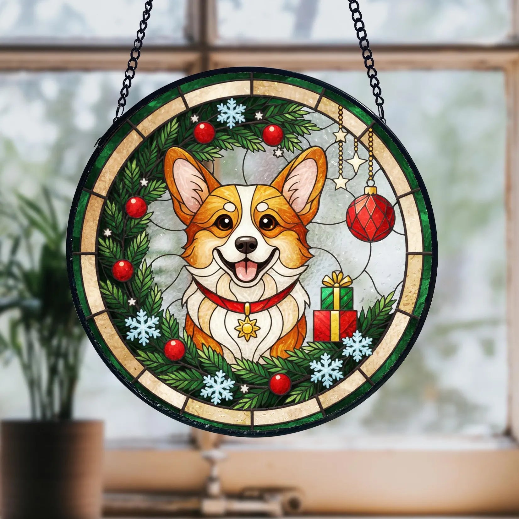 Corgi Christmas Suncatcher_ Stained Glass Window Hanging, Colorful Sun Catcher Ornament, Boho Window Decoration, Unique Gift