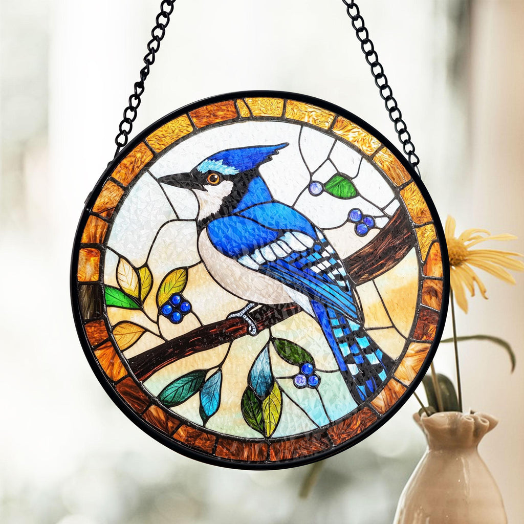 Blue Jay Stained Glass Suncatcher, Vibrant Bird Art for Window, Nature Theme Decor, Birdwatcher Gift, Wildlife Lover Present,bird Lover Gift, Acrylic Hanging Sun Catcher for Windows, Stained Glass Look Decor, Artistic Home Accent