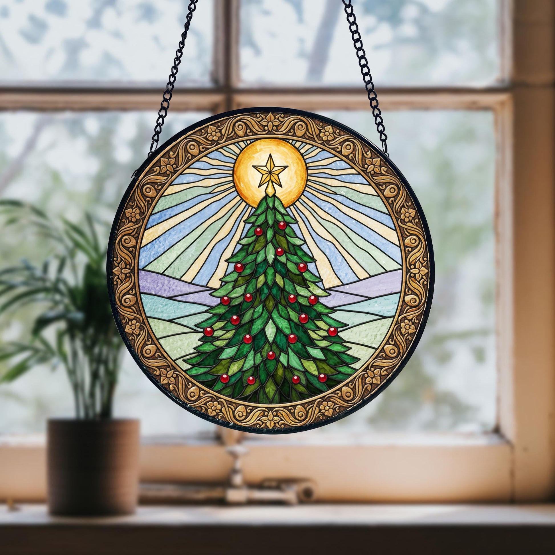 Golden Sun Christmas Tree Suncatcher, Stained Glass Style Window Hanging, Stained Glass Style Window Hanging Colorful Sun Catcher Ornament, Boho Window Decoration, Unique Gift