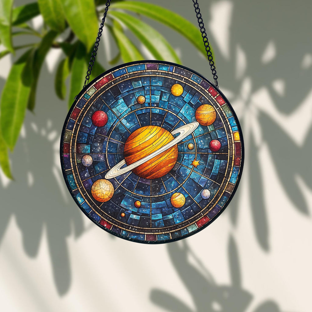 Solar System Stained Glass Suncatcher_ Handmade Galaxy Window Hanging, Stained Glass Style Clover Suncatcher, Acrylic Window Hanging Decor, Four Leaf Lucky Ornament, Green Sun Catcher Panel, Unique Home Gift