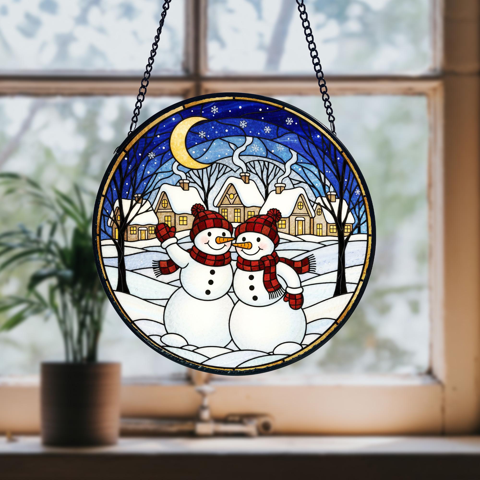 Snowman Couple Suncatcher_ Stained Glass Winter Window Decor, Stained Glass Style Clover Window Suncatcher, Acrylic Lucky Hanging Decor, Four Leaf Sun Catcher, Green Home Ornament