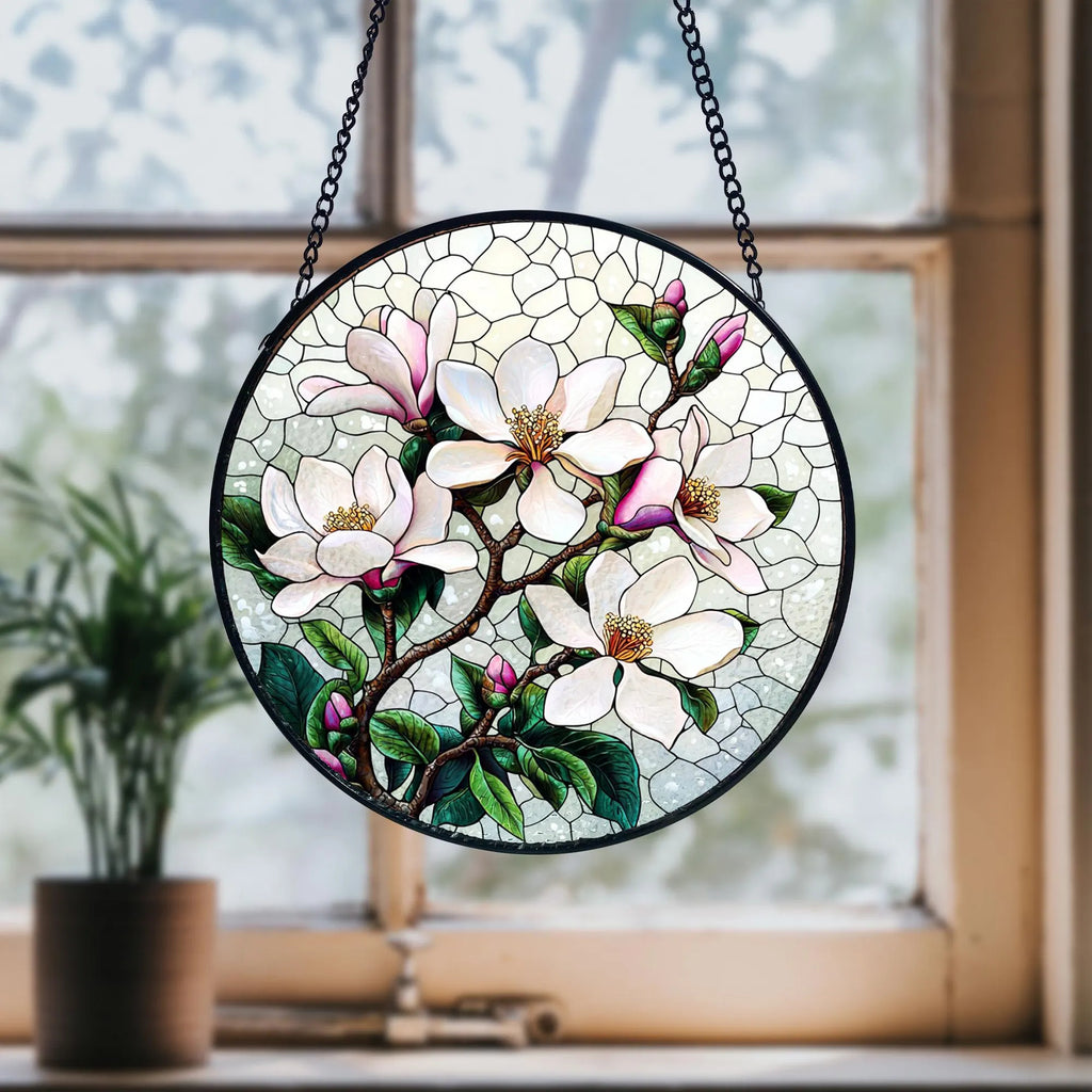 Handmade White Magnolia Stained Glass Suncatcher_ Floral Window Art, Handcrafted Stained Glass Suncatcher, Vibrant Window Art Panel, Sunlit Light Catcher Decoration, Boho Room Decor, Gift for Home Lovers