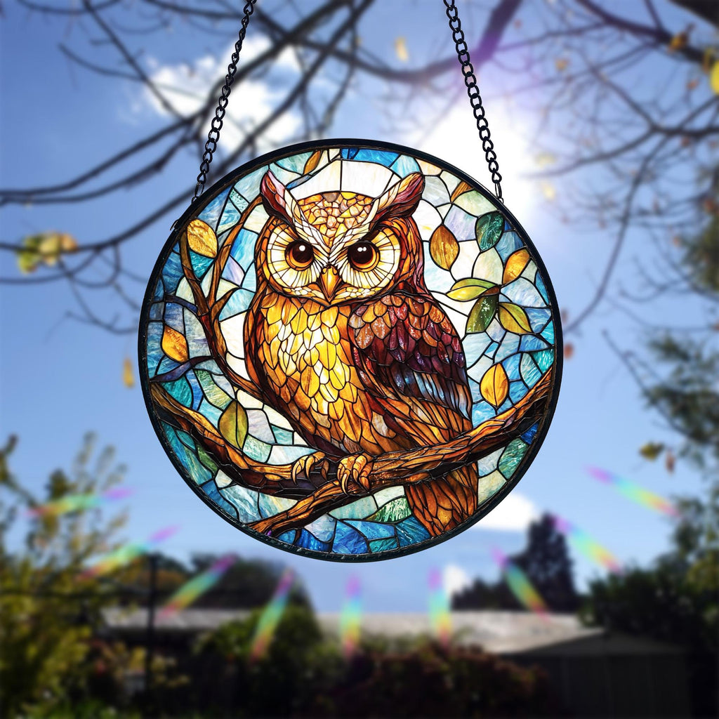 Stained Glass Owl Suncatcher_ Handcrafted Window Hanging Decor, Stained Glass Style Clover Window Suncatcher, Acrylic Lucky Hanging Decor, Four Leaf Sun Catcher, Green Home Ornament