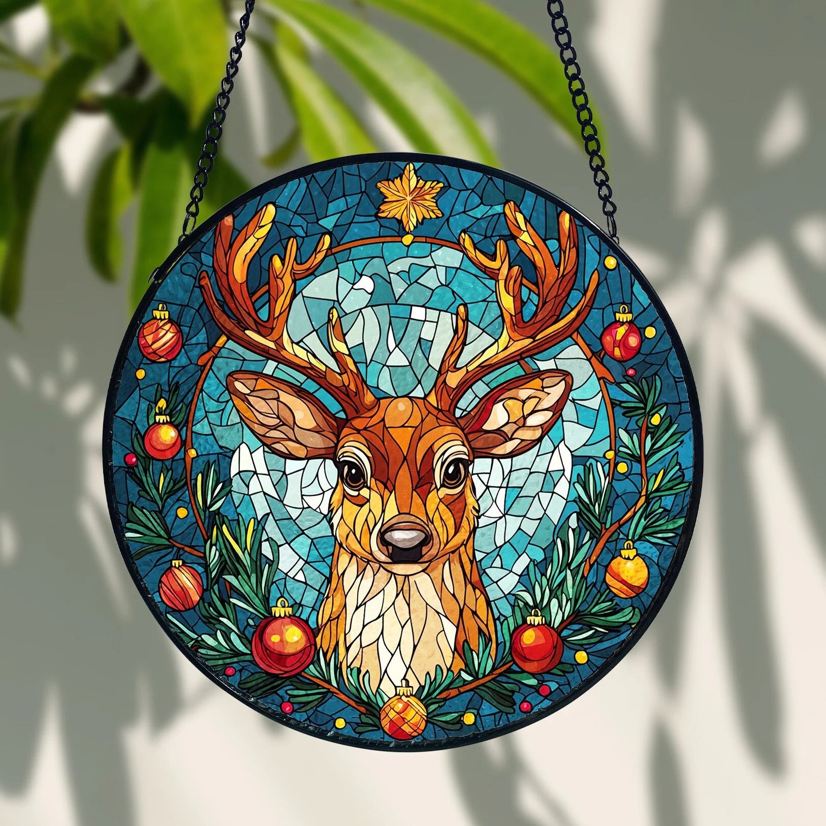 Vintage Reindeer Stained Glass Suncatcher_ Christmas Window Decor, Decorative Stained Glass Style Suncatcher, Acrylic Window Art Panel, Sun Catcher Hanging Ornament, Unique Home Accent, andmade Home Decoration