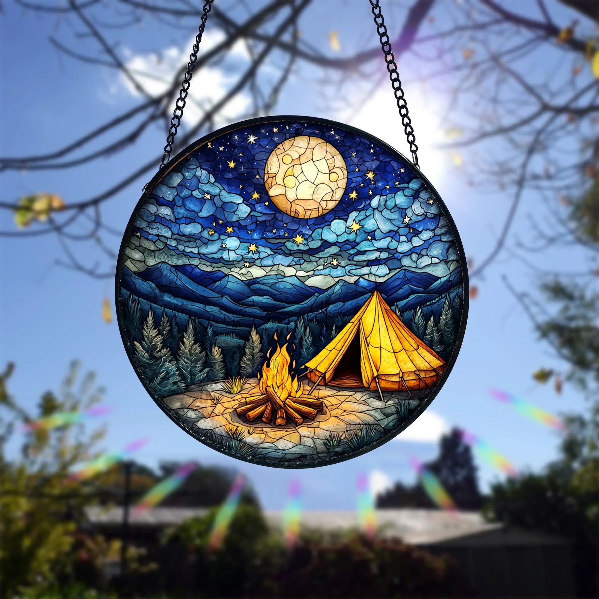 Starry Campfire Stained Glass Suncatcher_ Handmade Rustic Decor, Acrylic Stained Glass Clover Suncatcher, Lucky Window Hanging, Boho Green Ornament, Unique Artisan Home Decor
