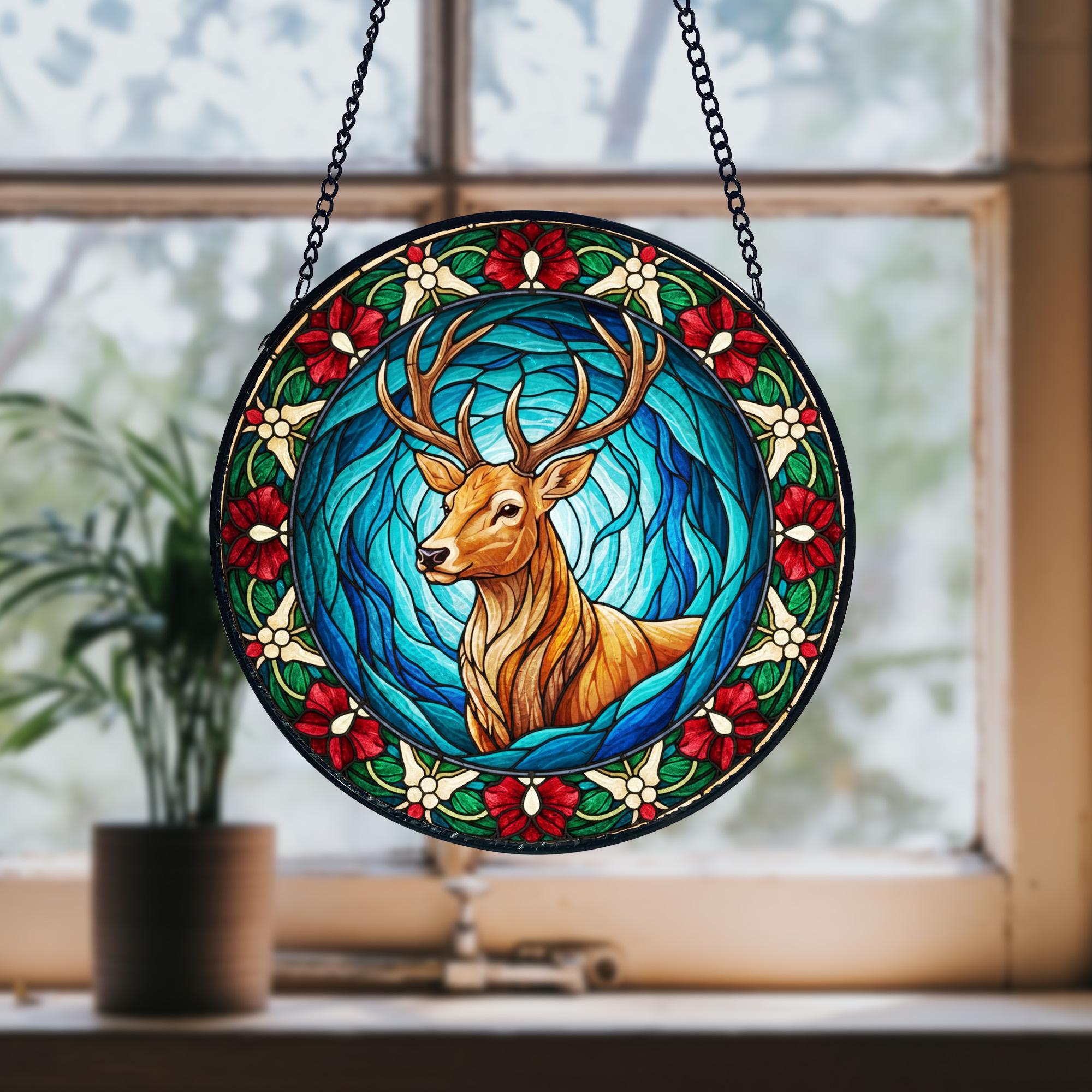 Stained Glass Style Deer Suncatcher, Holiday Home Decor, Stained Glass Style Clover Window Suncatcher, Acrylic Lucky Hanging Decor, Four Leaf Sun Catcher, Green Home Ornament