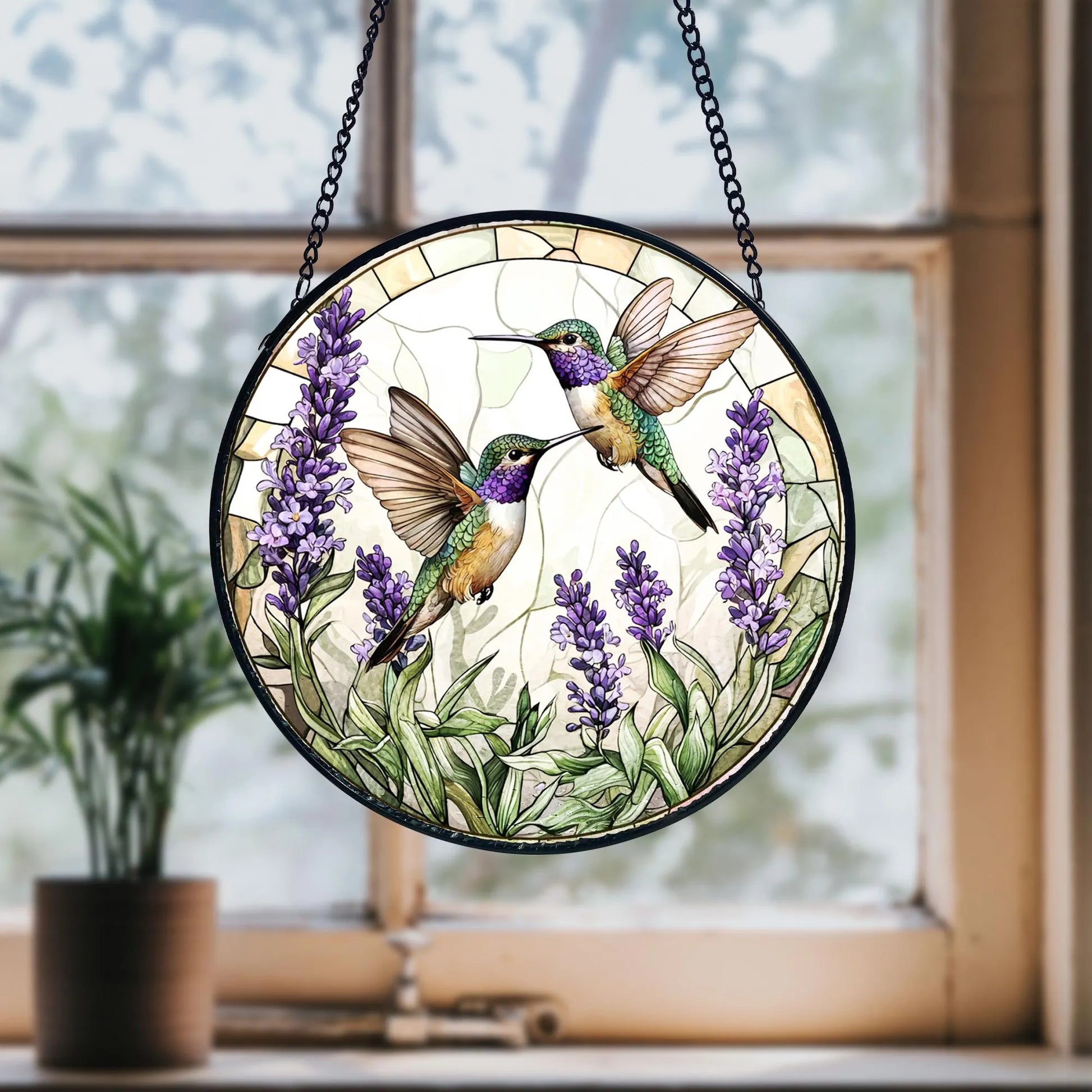 Handmade Stained Glass Suncatcher_ Hummingbirds and Lavender Decor, Handcrafted Stained Glass Suncatcher, Vibrant Window Art Panel, Sunlit Light Catcher Decoration, Boho Room Decor, Gift for Home Lovers