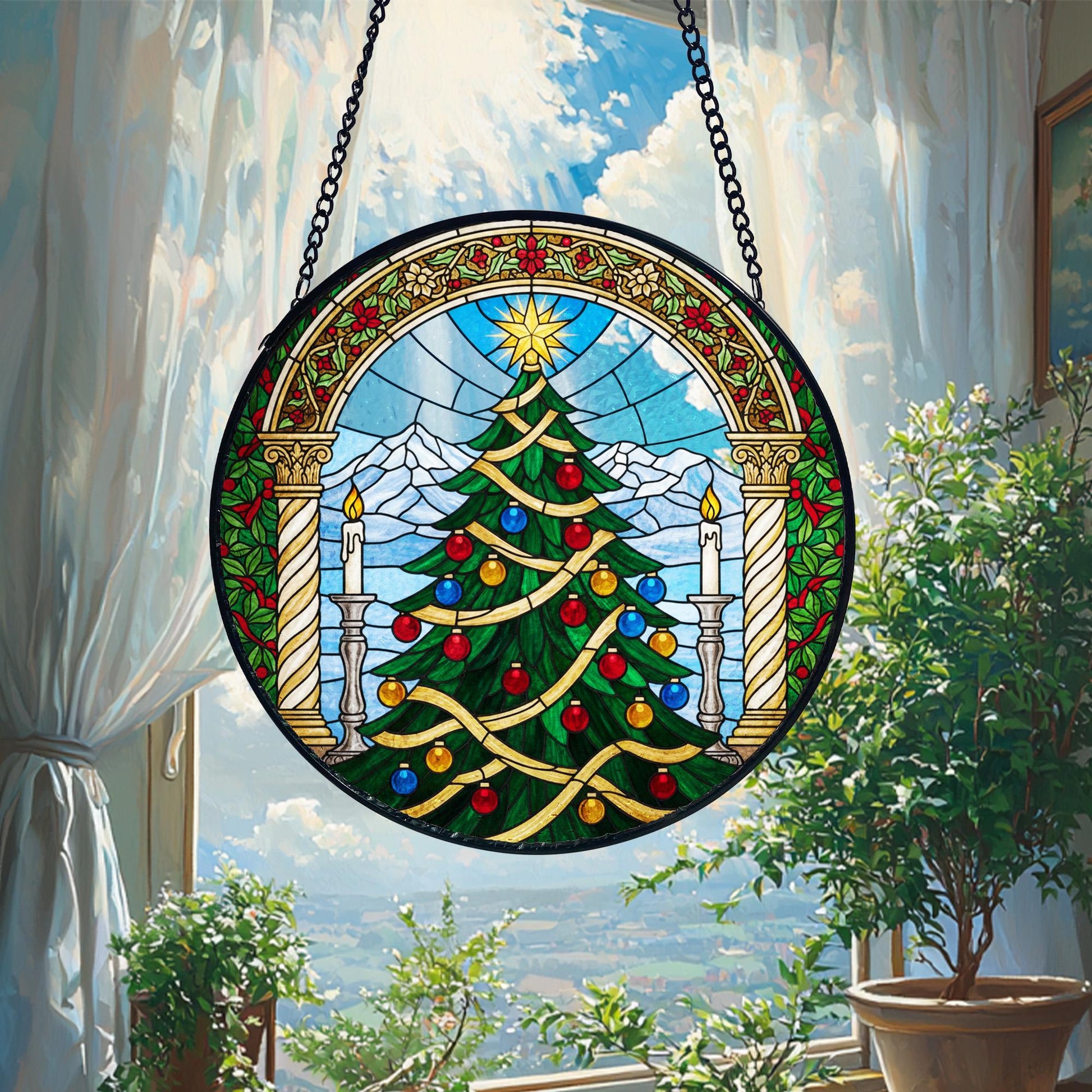 Cathedral Christmas Tree Suncatcher_ Stained Glass Style Holiday Window Hanging, Handmade Glass Art Decor, Colorful Sun Catcher Ornament, Boho Window Decoration, Unique Gift