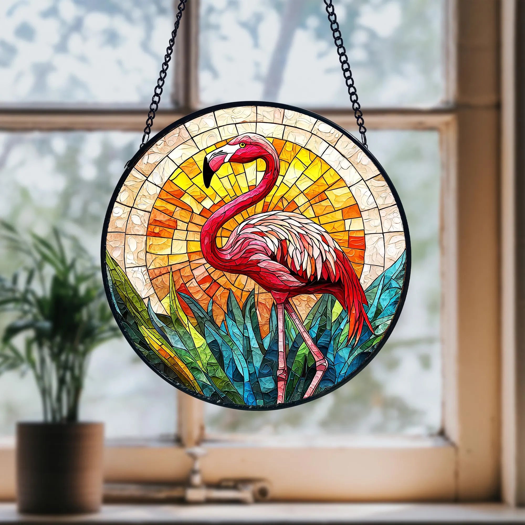 Handcrafted Flamingo Stained Glass Suncatcher_ Tropical Home Decor, Stained Glass Style Window Hanging Colorful Sun Catcher Ornament, Boho Window Decoration, Unique Gift