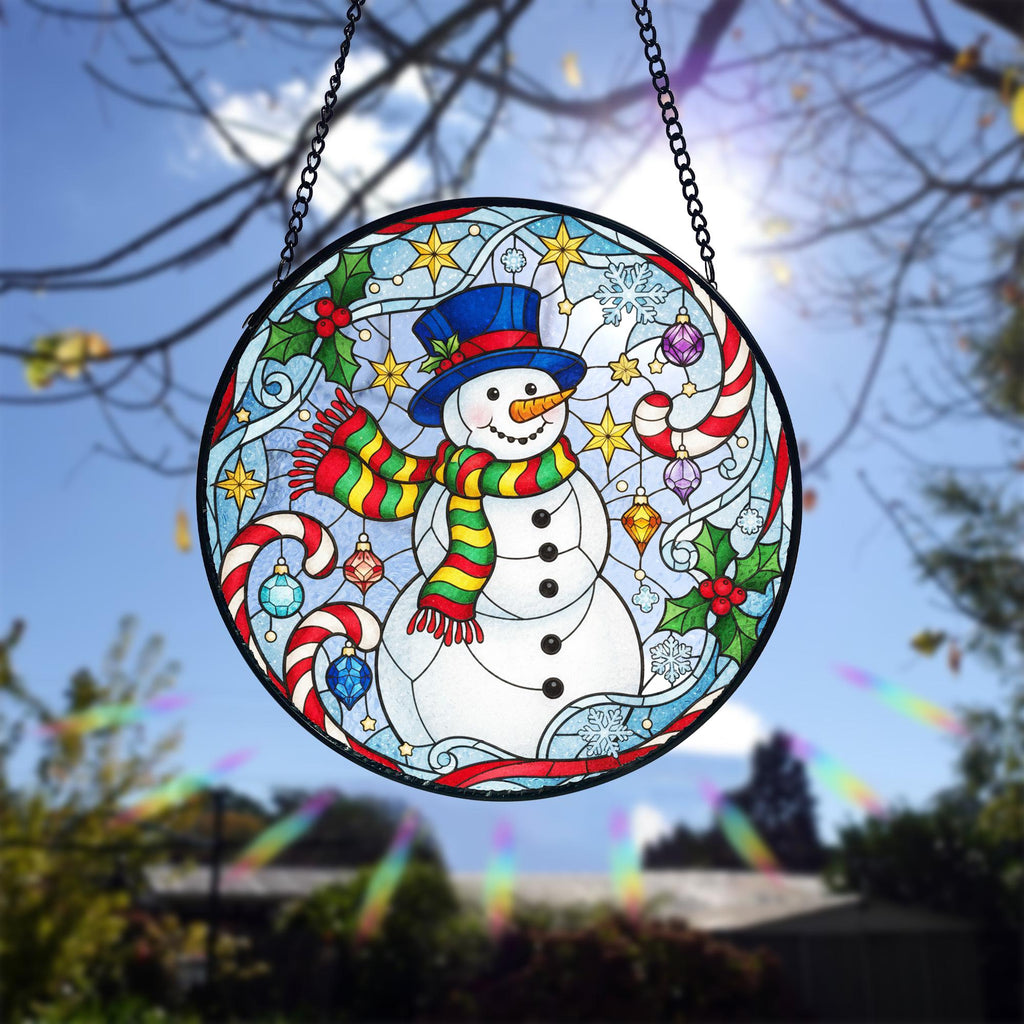Snowman Christmas Suncatcher_ Stained Glass Style Holiday Window Hanging, Stained Glass Style Clover Suncatcher, Acrylic Window Hanging Decor, Four Leaf Lucky Ornament, Green Sun Catcher Panel, Unique Home Gift