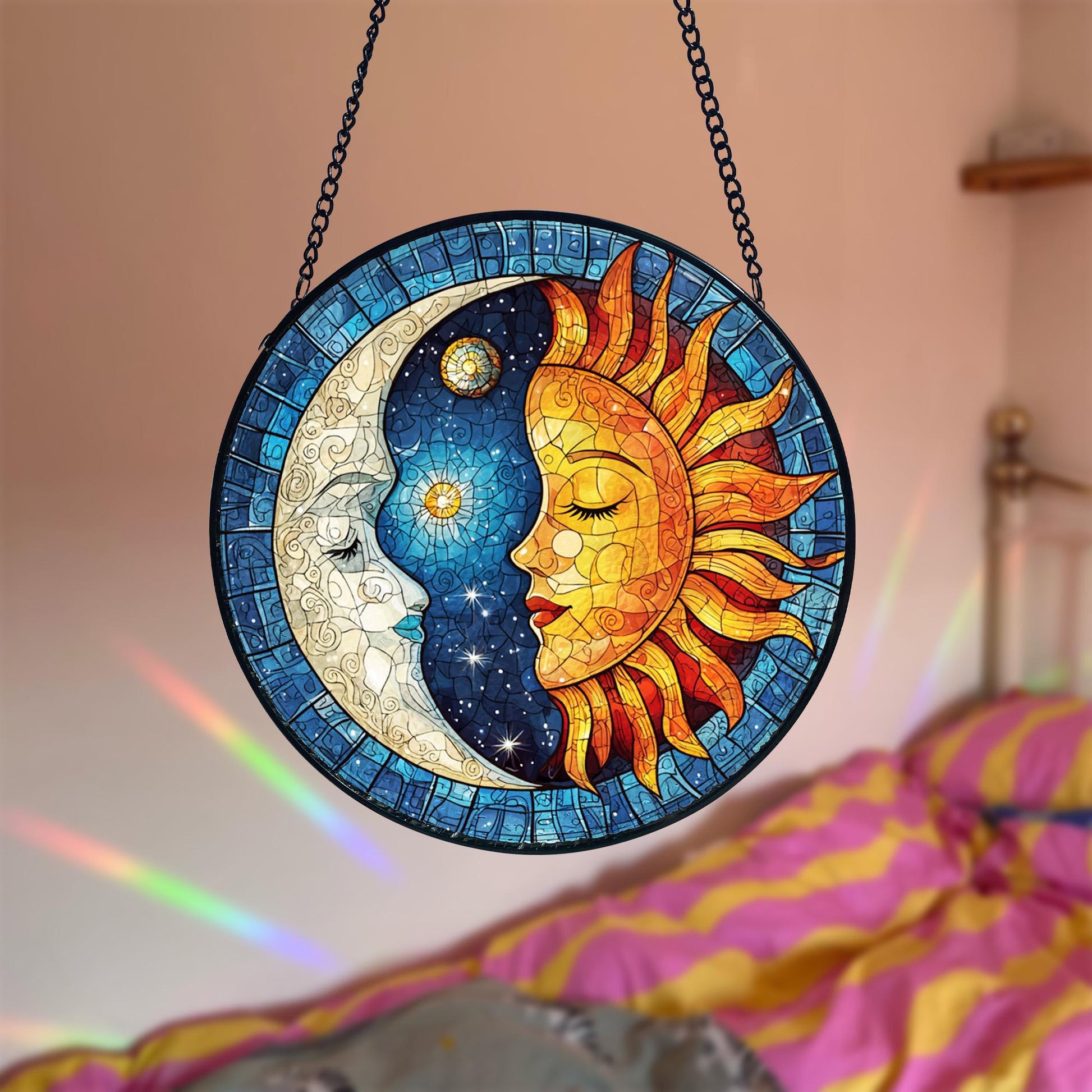 Handmade Stained Glass Sun and Moon Suncatcher_ Celestial Window Hanging, Stained Glass Acrylic Suncatcher, Vibrant Window Hanging Art, Colorful Light Catcher Decor, Boho Window Ornament, Unique Home Gift