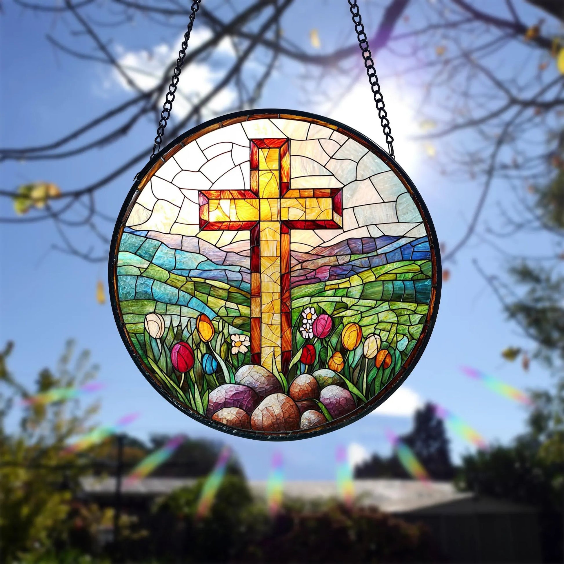 Easter Cross Stained Glass Suncatcher_ Christian Window Hanging, Colorful Sun Catcher Ornament, Boho Window Decoration, Unique Gift