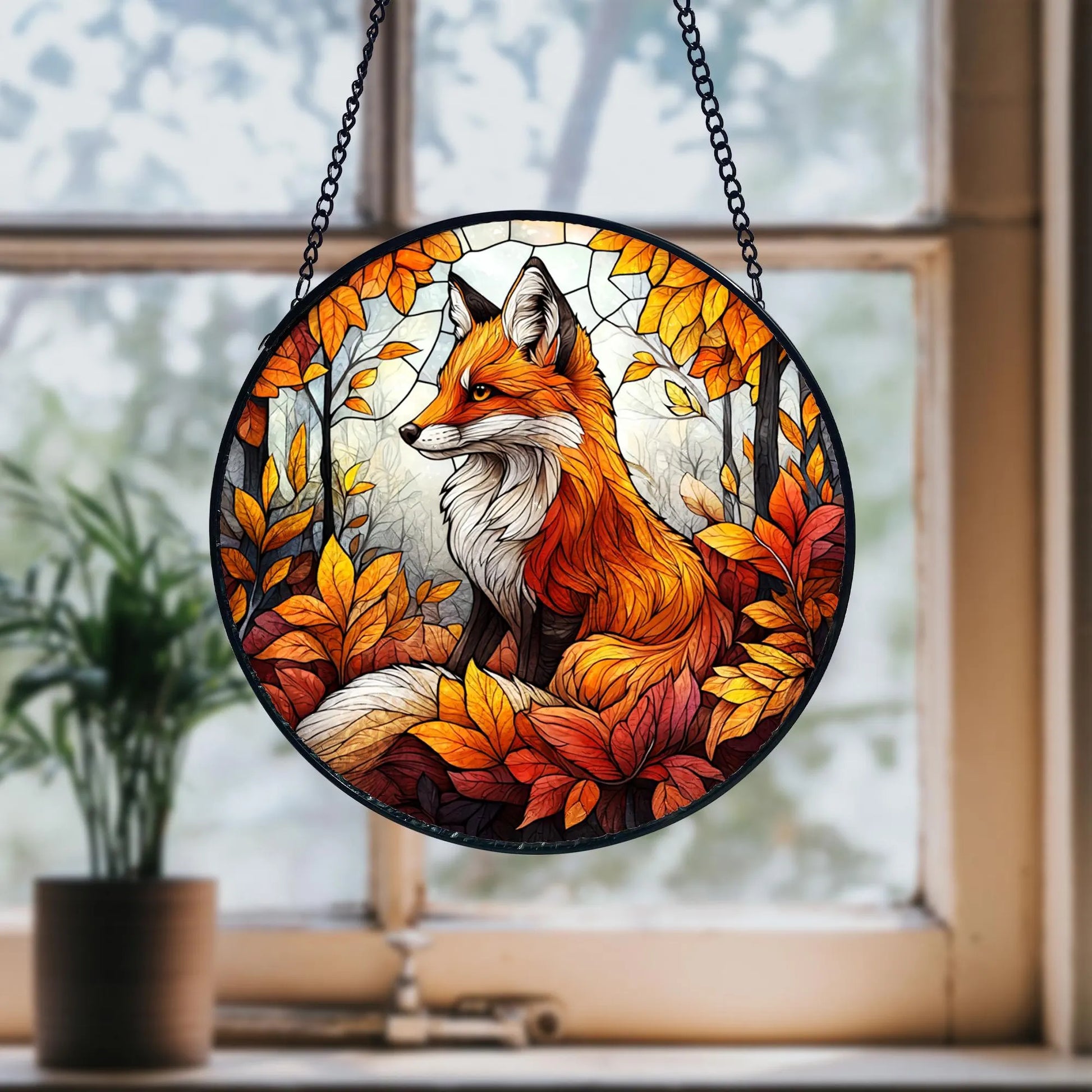 Fox Stained Glass Suncatcher_ Wildlife Window Hanging, Colorful Sun Catcher Ornament, Boho Window Decoration, Unique Gift