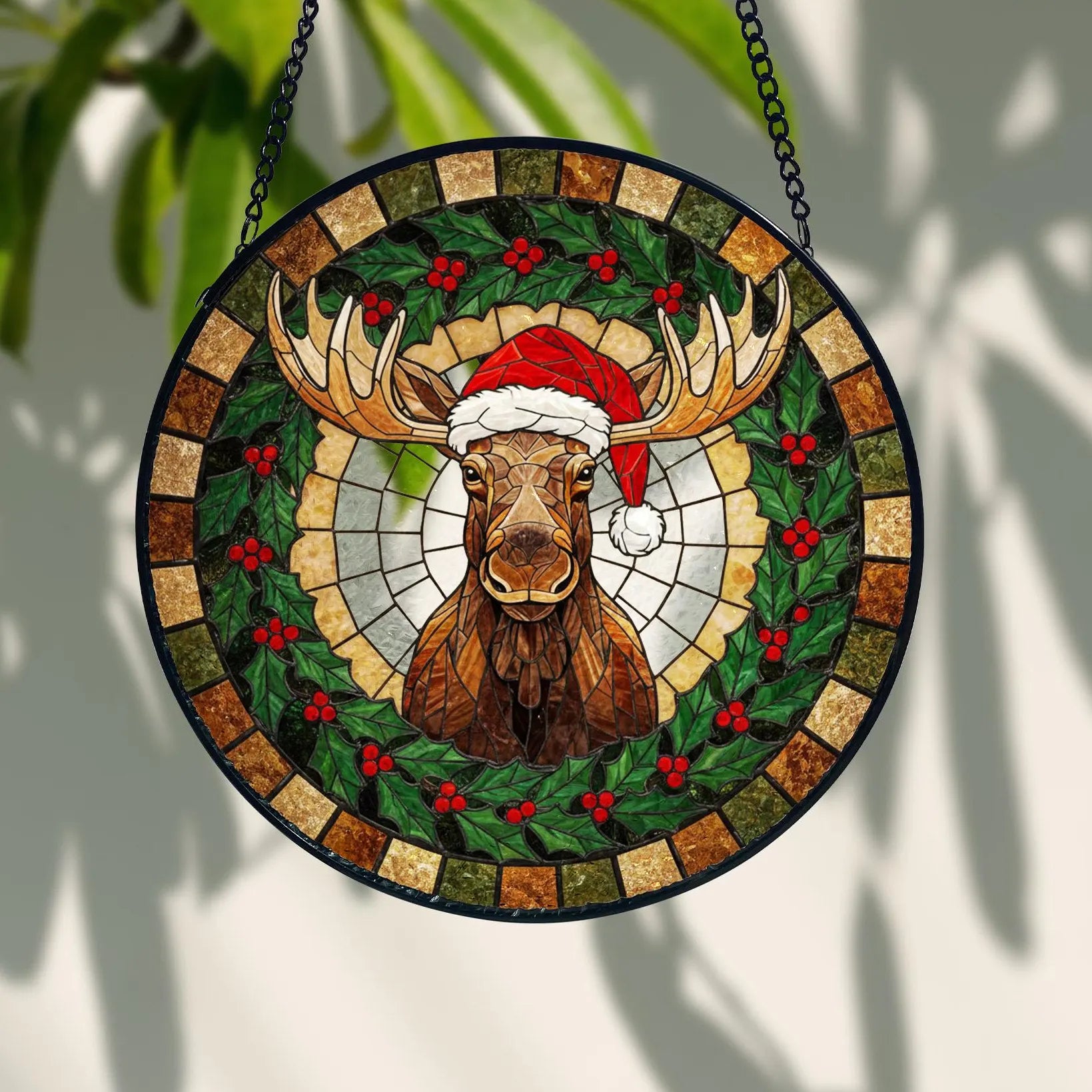 Christmas Moose Stained Glass Suncatcher_ Rustic Holiday Window, Colorful Sun Catcher Ornament, Boho Window Decoration, Unique Gift