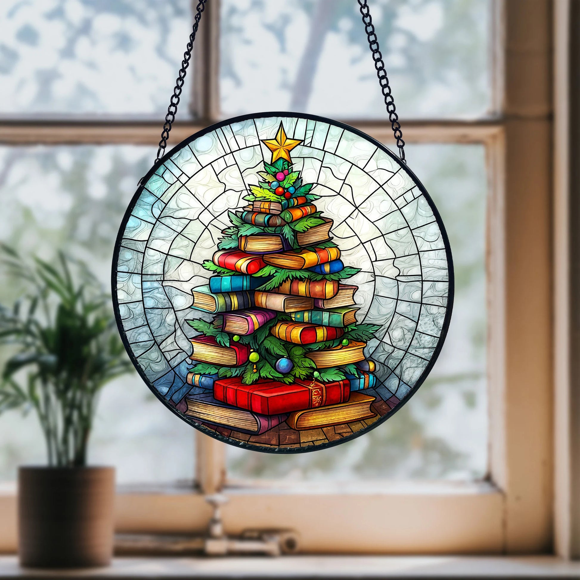 Bookish Christmas Tree Stained Glass Suncatcher_ Book Lover Xmas Decor, Handmade Glass Art Decor, Colorful Sun Catcher Ornament, Boho Window Decoration, Unique Gift
