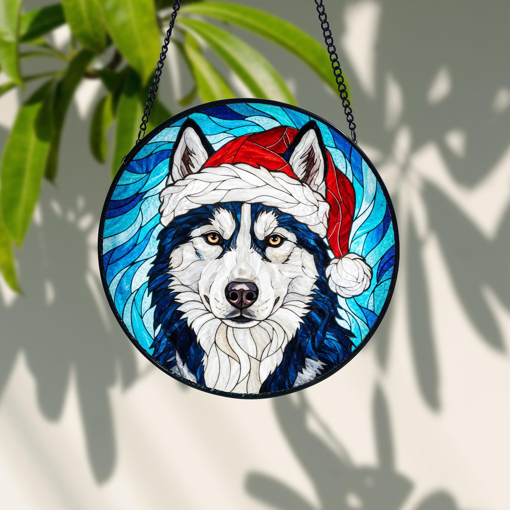 Husky Christmas Suncatcher_ Santa Hat Dog Stained Glass Ornament, Acrylic Stained Glass Window Art, Handmade Sun Catcher Hanging Decor, Colorful Light Reflecting Panel, Unique Gift for Home