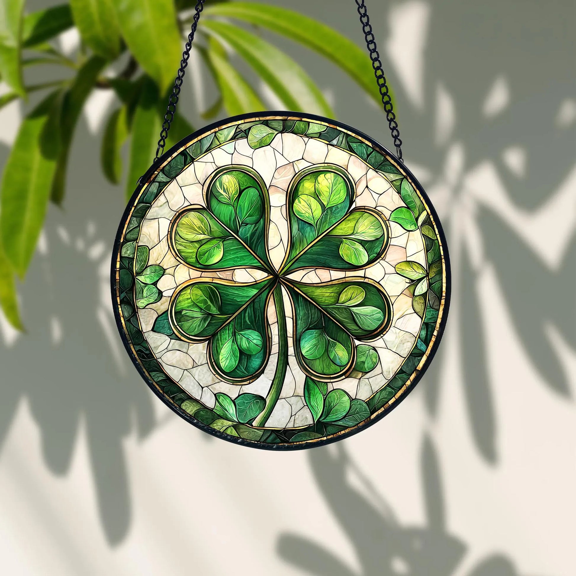 Shamrock Stained Glass Suncatcher_ Irish Window Ornament, Artistic Stained Glass Acrylic Panel, Window Light Catcher Hanging, Colorful Home Decor Accent, Handmade Gift for Any Occasion