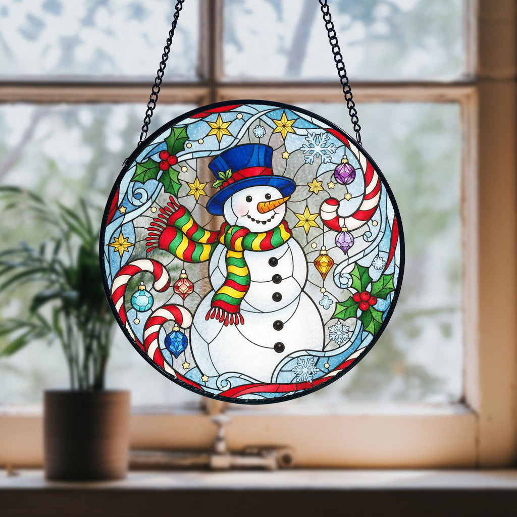 Snowman Christmas Suncatcher_ Stained Glass Style Holiday Window Hanging, Stained Glass Style Clover Suncatcher, Acrylic Window Hanging Decor, Four Leaf Lucky Ornament, Green Sun Catcher Panel, Unique Home Gift