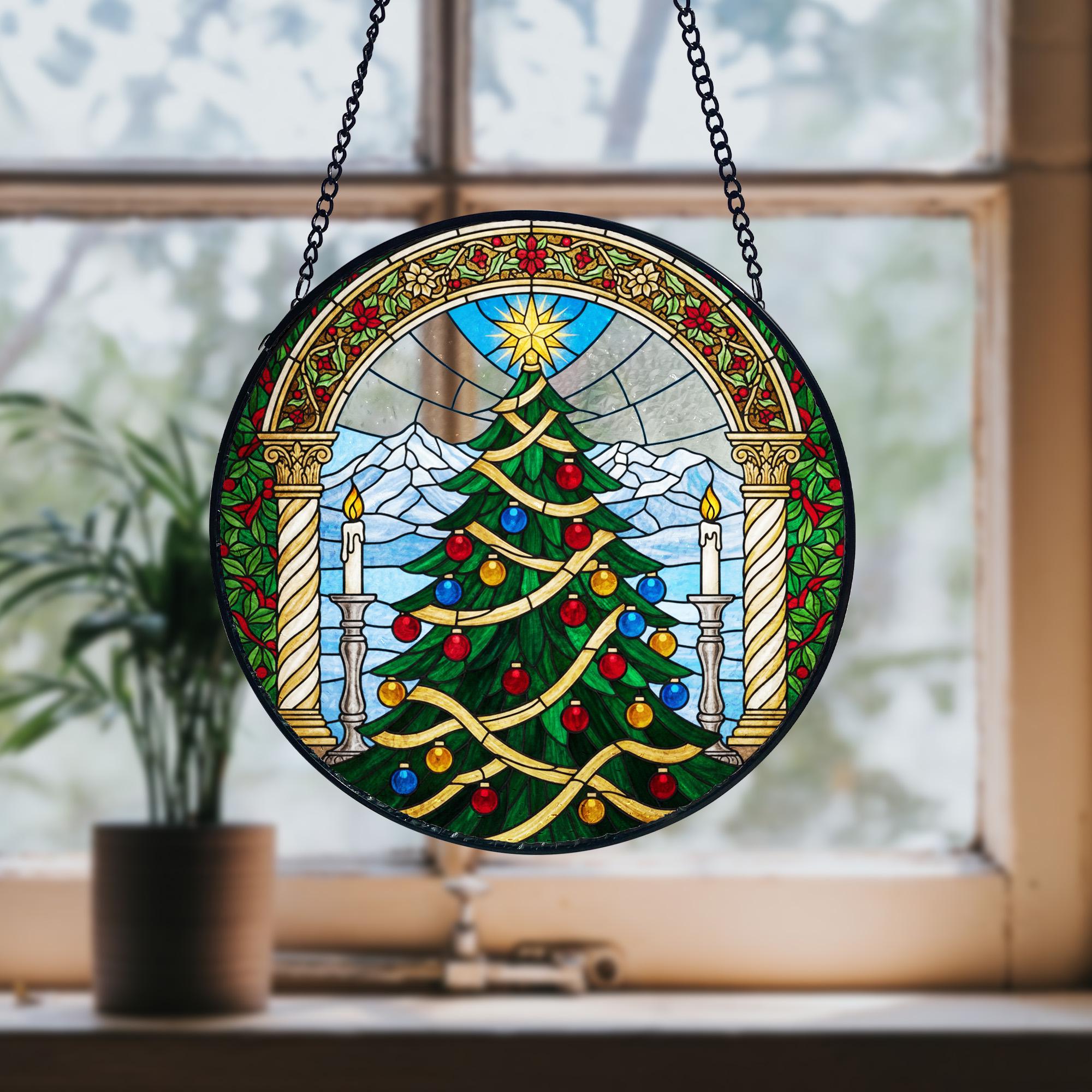 Cathedral Christmas Tree Suncatcher_ Stained Glass Style Holiday Window Hanging, Handmade Glass Art Decor, Colorful Sun Catcher Ornament, Boho Window Decoration, Unique Gift