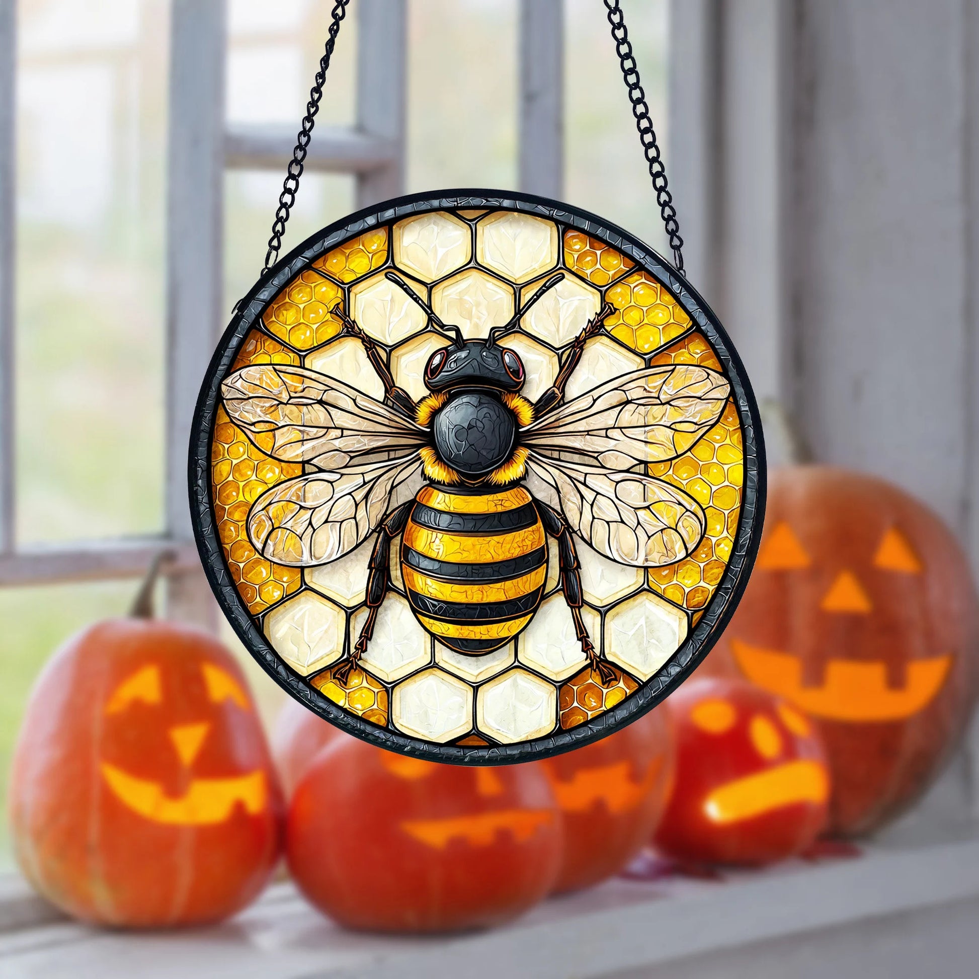 Honeycomb Stained Glass Suncatcher_ Bee & Flower Window Hanging, Handcrafted Stained Glass Suncatcher, Vibrant Window Art Panel, Sunlit Light Catcher Decoration, Boho Room Decor, Gift for Home Lovers