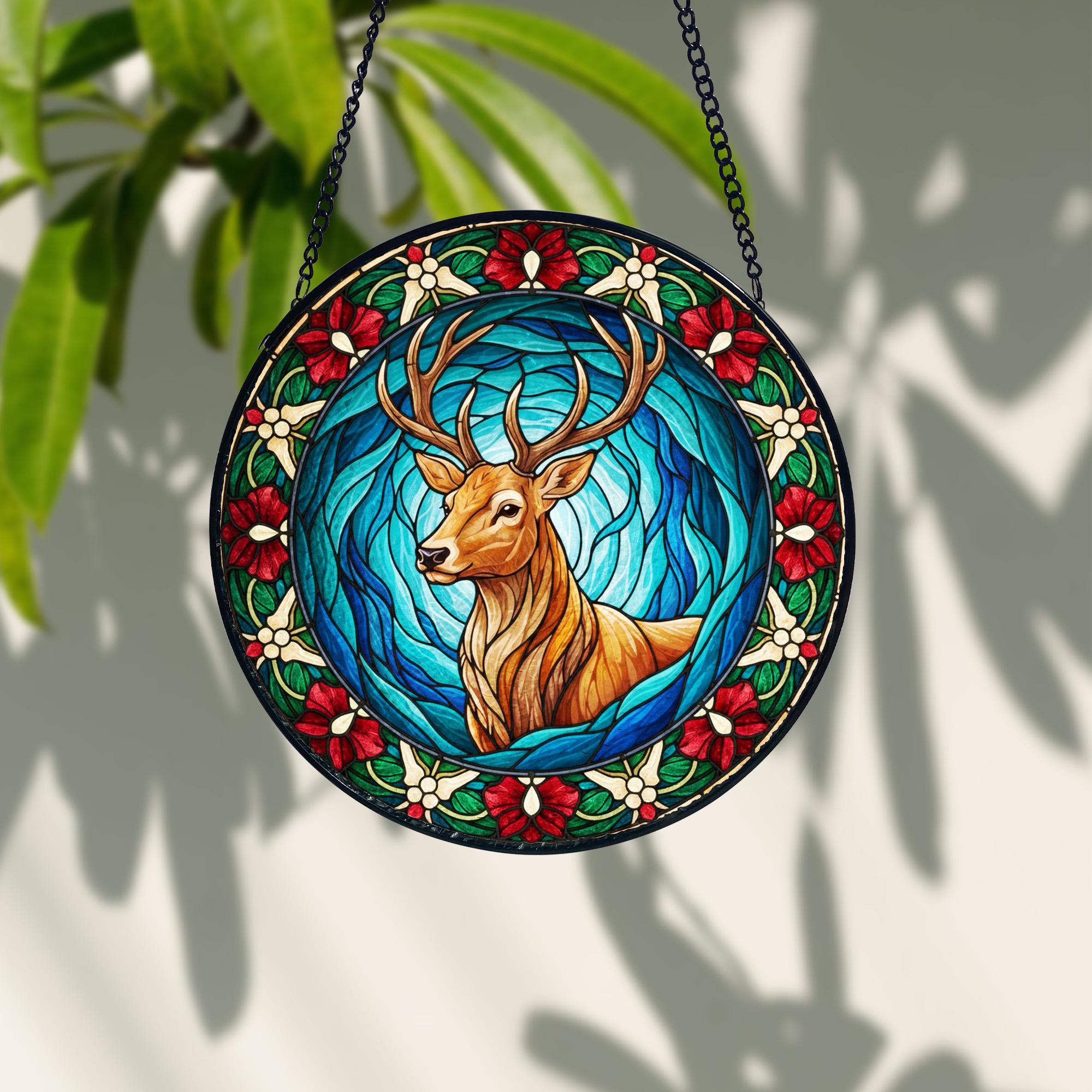 Stained Glass Style Deer Suncatcher, Holiday Home Decor, Stained Glass Style Clover Window Suncatcher, Acrylic Lucky Hanging Decor, Four Leaf Sun Catcher, Green Home Ornament