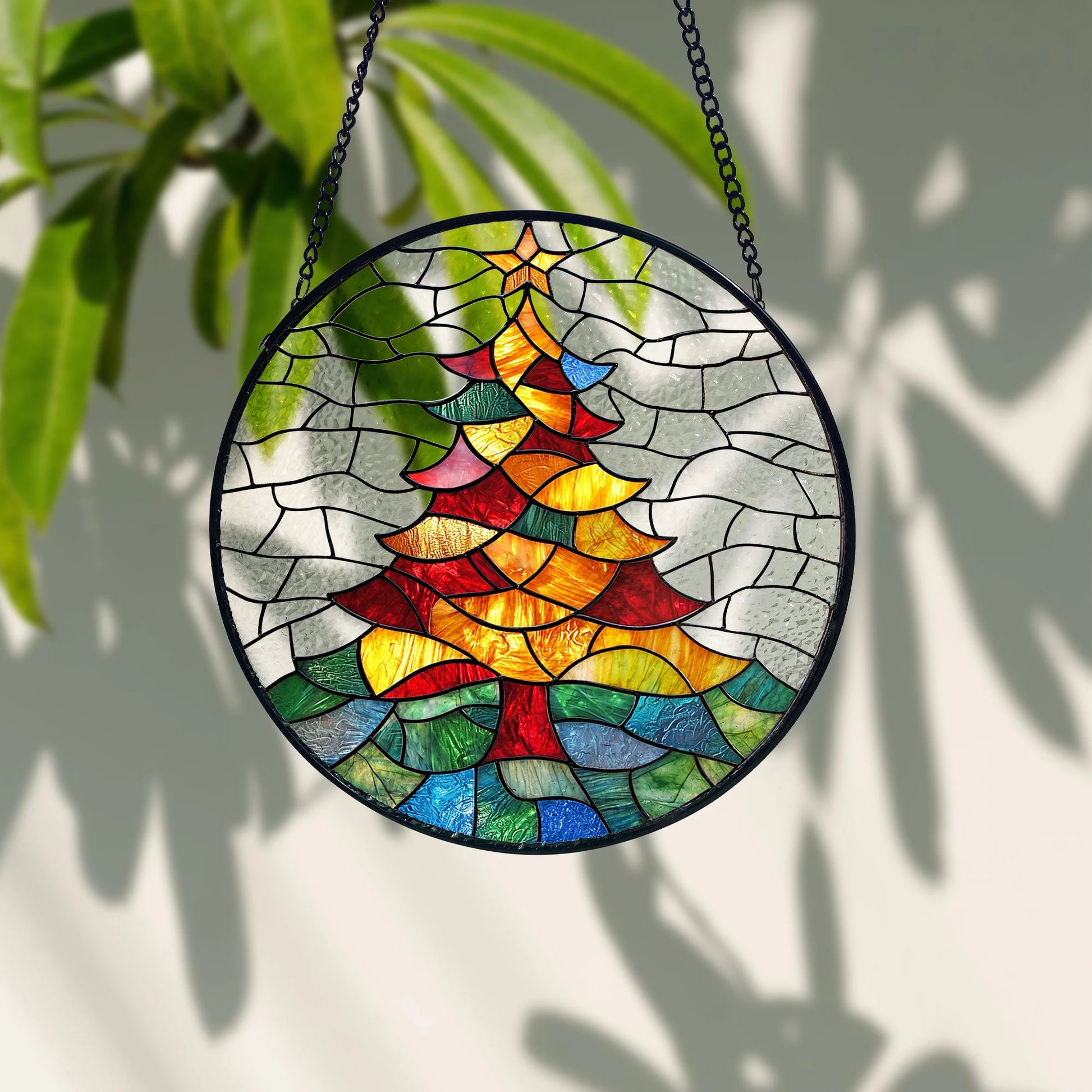 Stained Glass Christmas Tree Suncatcher_ Holiday Window Decor, Stained Glass Style Clover Suncatcher, Acrylic Window Hanging Decor, Four Leaf Lucky Ornament, Green Sun Catcher Panel, Unique Home Gift