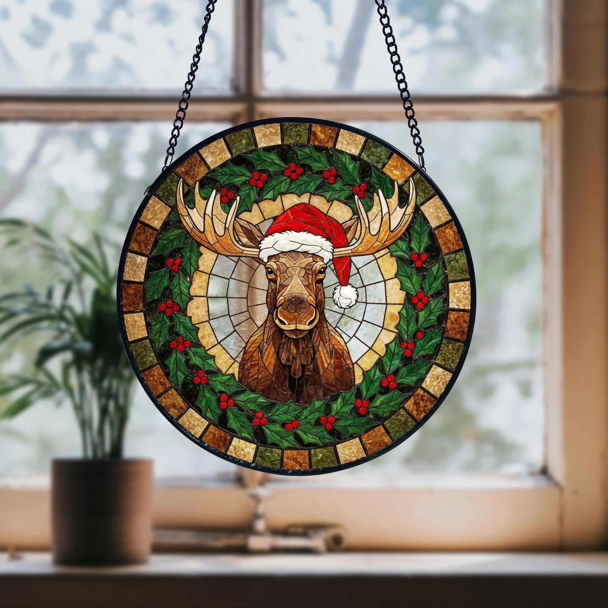 Christmas Moose Stained Glass Suncatcher_ Rustic Holiday Window, Colorful Sun Catcher Ornament, Boho Window Decoration, Unique Gift