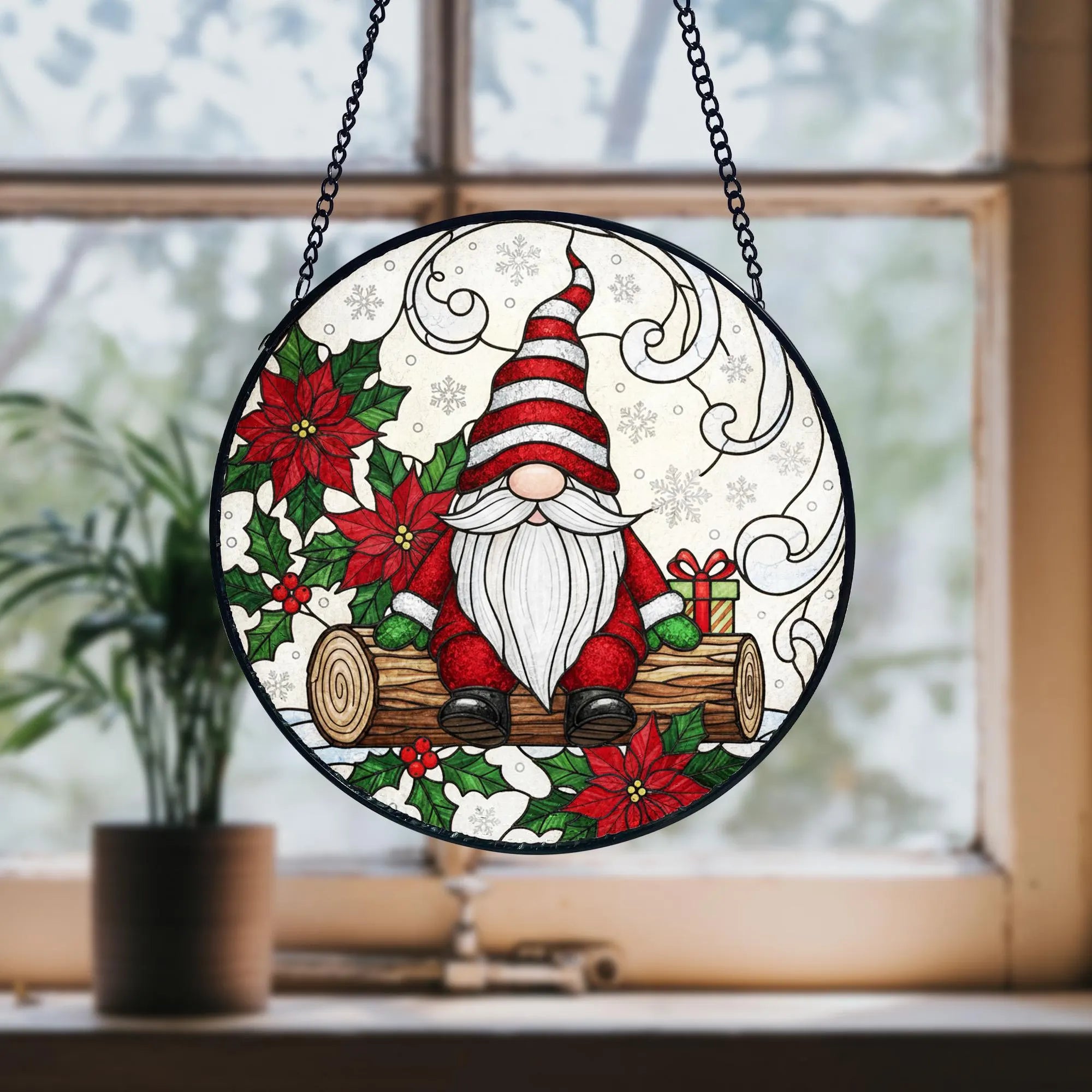 Christmas Gnome Suncatcher_ Nordic Stained Glass Window Hanging, Colorful Sun Catcher Ornament, Boho Window Decoration, Unique Gift