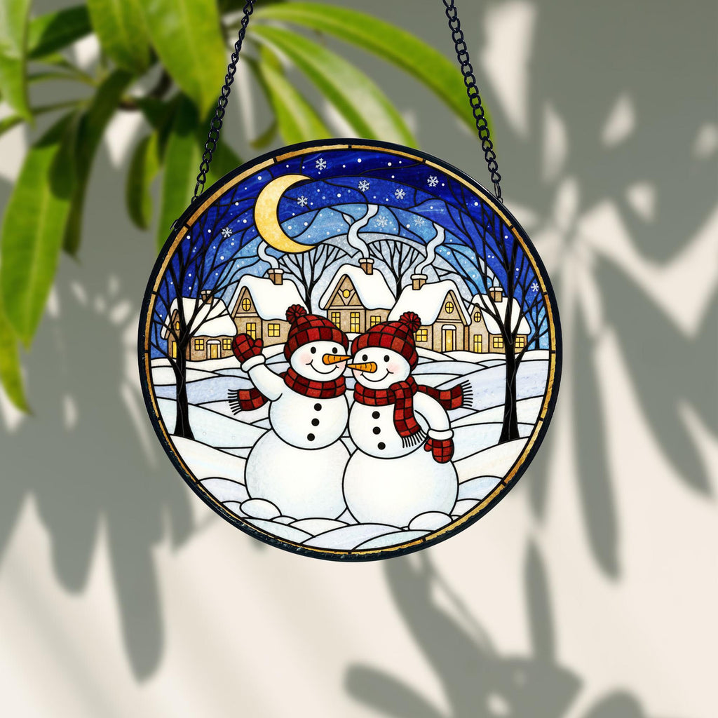 Snowman Couple Suncatcher_ Stained Glass Winter Window Decor, Stained Glass Style Clover Window Suncatcher, Acrylic Lucky Hanging Decor, Four Leaf Sun Catcher, Green Home Ornament