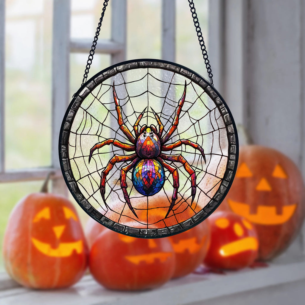 Stained Glass Spider Suncatcher_ Halloween Window Decoration, Stained Glass Style Clover Window Suncatcher, Acrylic Lucky Hanging Decor, Four Leaf Sun Catcher, Green Home Ornament
