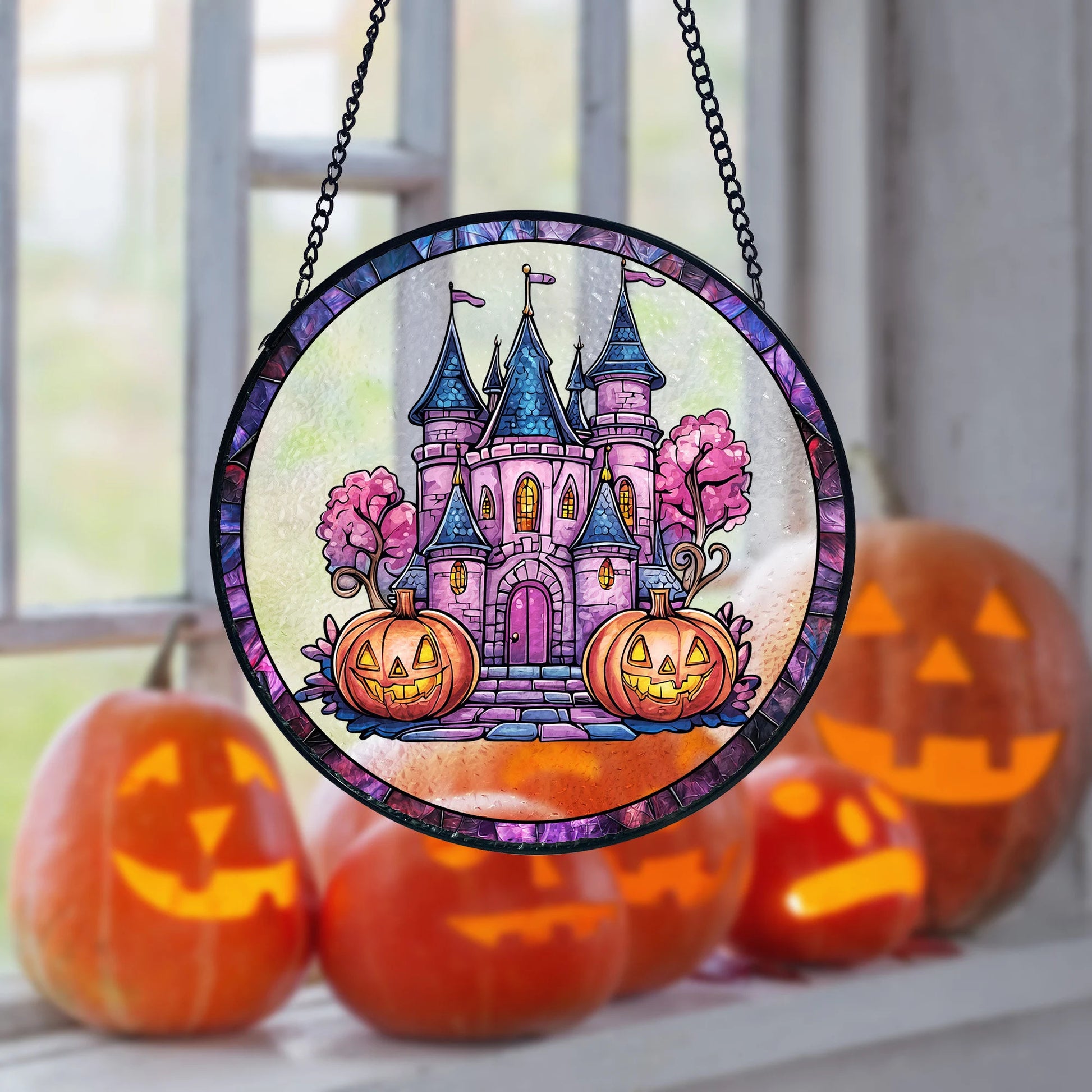 Pink Halloween Stained Glass Suncatcher, Castle Pumpkin Window Hanging, Artistic Stained Glass Acrylic Panel, Window Light Catcher Hanging, Colorful Home Decor Accent, Handmade Gift for Any Occasion
