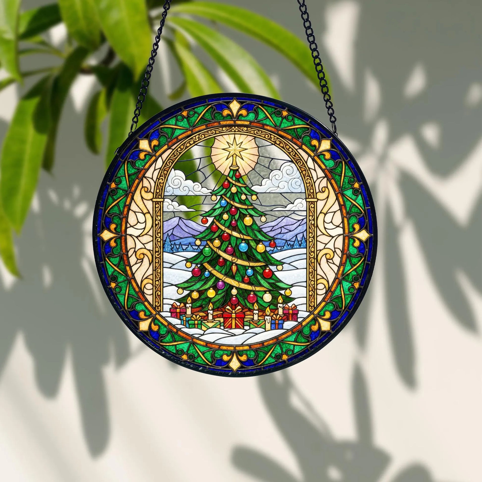 Stained Glass Christmas Tree Suncatcher_ Cathedral Window Holiday Decor, Stained Glass Style Clover Suncatcher, Acrylic Window Hanging Decor, Four Leaf Lucky Ornament, Green Sun Catcher Panel, Unique Home Gift