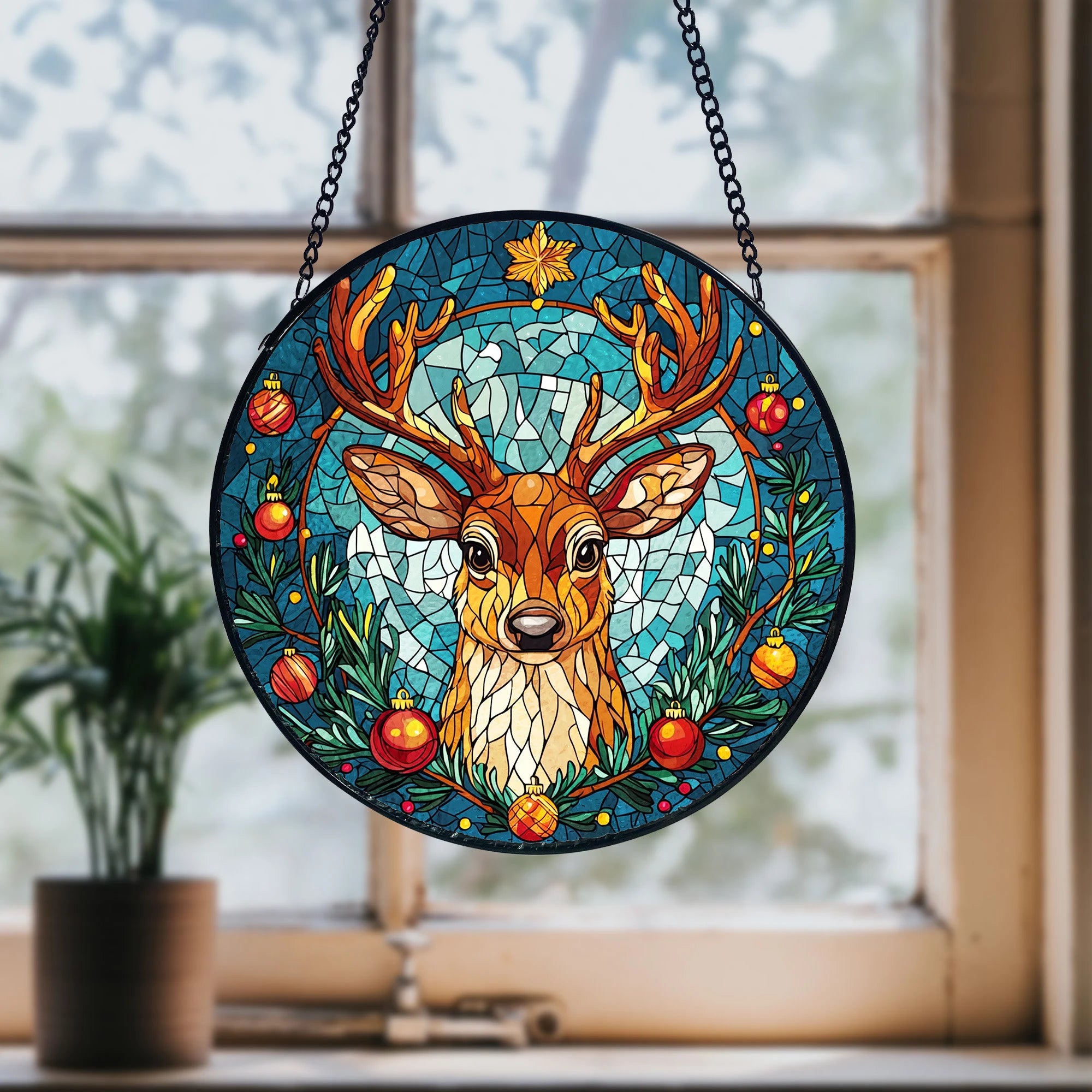 Vintage Reindeer Stained Glass Suncatcher_ Christmas Window Decor, Decorative Stained Glass Style Suncatcher, Acrylic Window Art Panel, Sun Catcher Hanging Ornament, Unique Home Accent, andmade Home Decoration