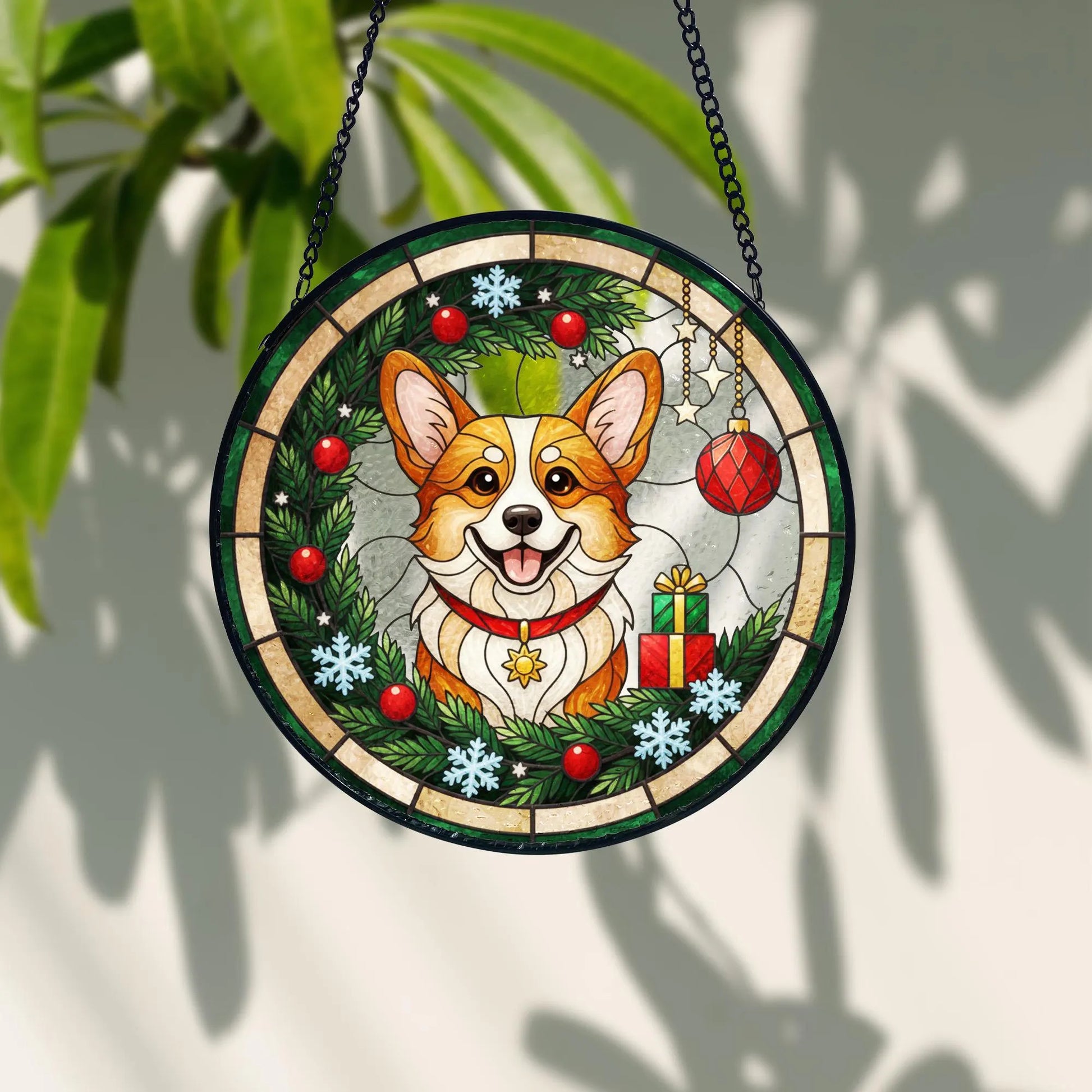 Corgi Christmas Suncatcher_ Stained Glass Window Hanging, Colorful Sun Catcher Ornament, Boho Window Decoration, Unique Gift