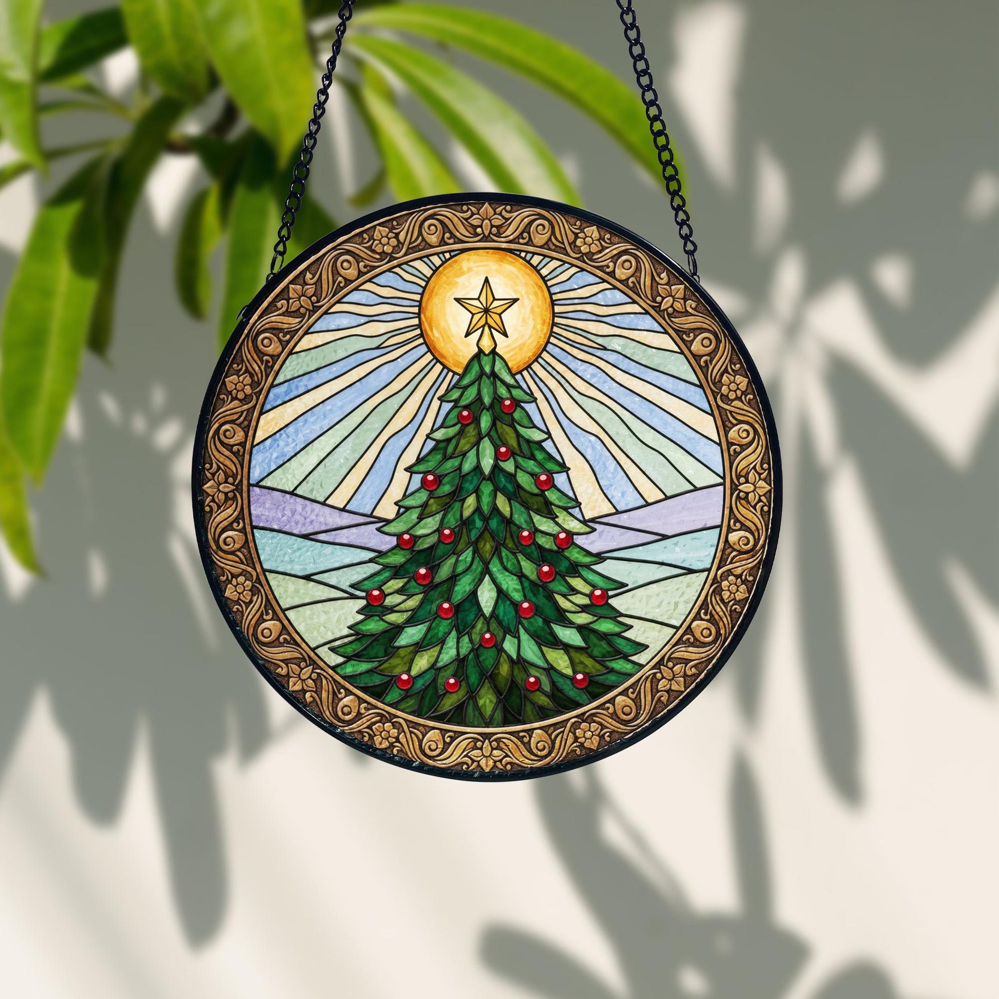 Golden Sun Christmas Tree Suncatcher, Stained Glass Style Window Hanging, Stained Glass Style Window Hanging Colorful Sun Catcher Ornament, Boho Window Decoration, Unique Gift