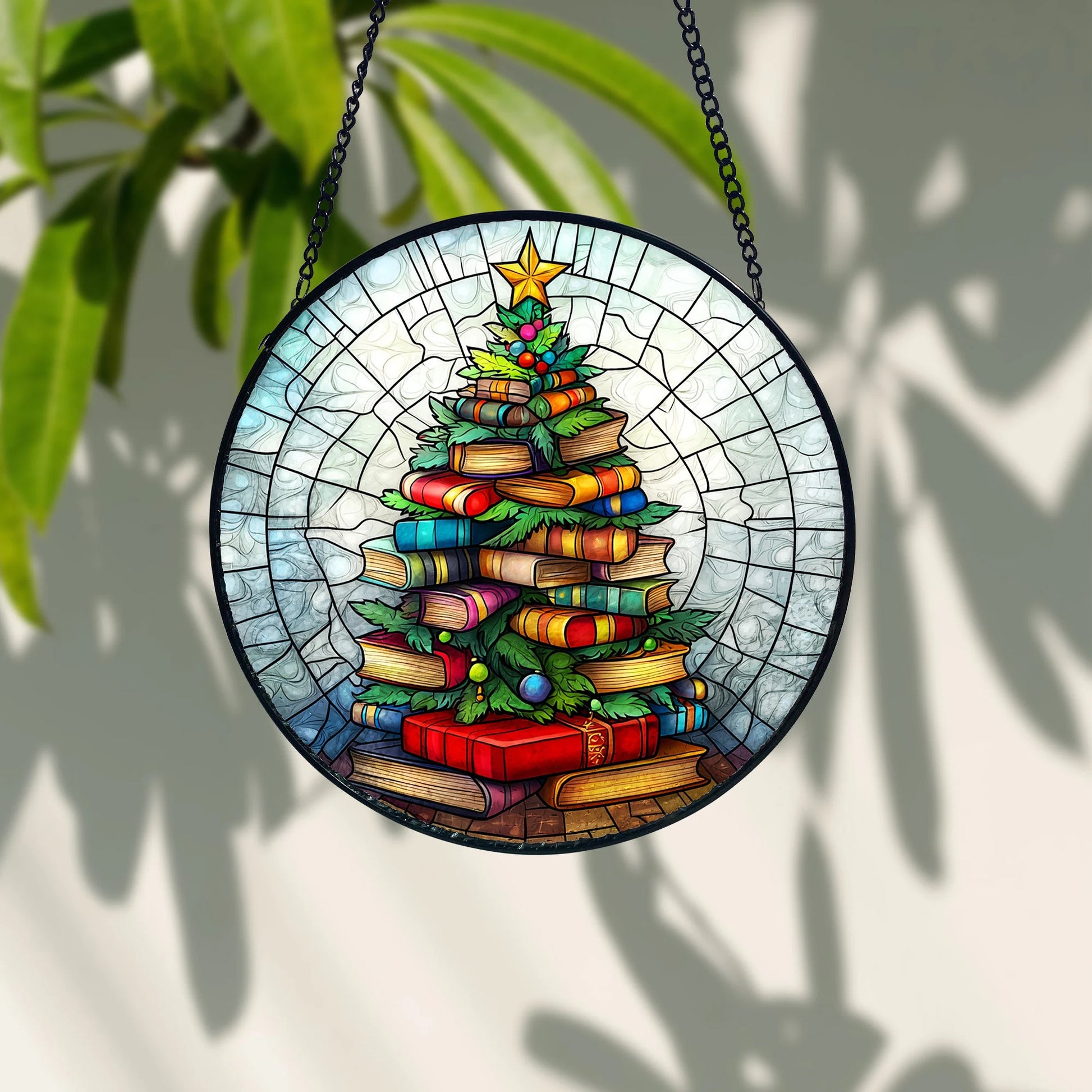 Bookish Christmas Tree Stained Glass Suncatcher_ Book Lover Xmas Decor, Handmade Glass Art Decor, Colorful Sun Catcher Ornament, Boho Window Decoration, Unique Gift