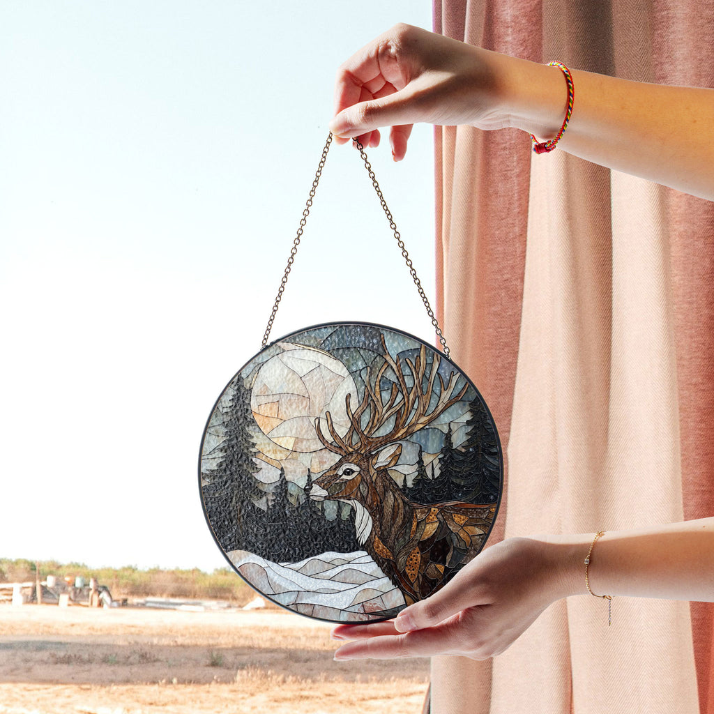 Majestic Deer and Full Moon Stained Glass Window Hanging - Winter Forest Suncatcher, Acrylic Boho Window Suncatcher, Stained Glass Look Panel, Artistic Light Catcher, Handmade Home Accent