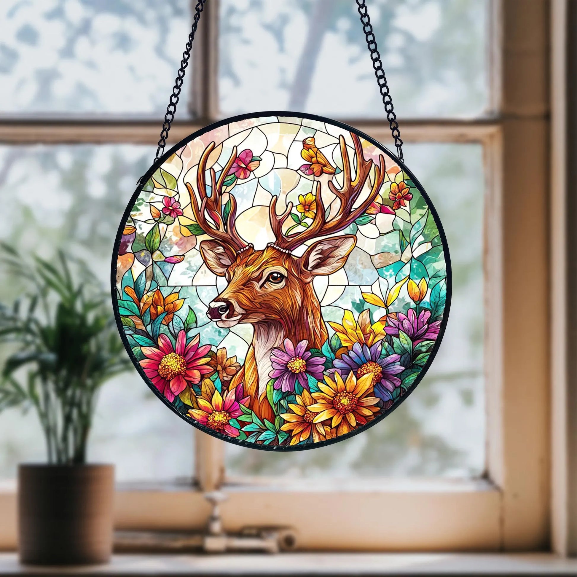 Deer Stained Glass Suncatcher_ Handcrafted Wildlife Window Hanging, Colorful Sun Catcher Ornament, Boho Window Decoration, Unique Gift