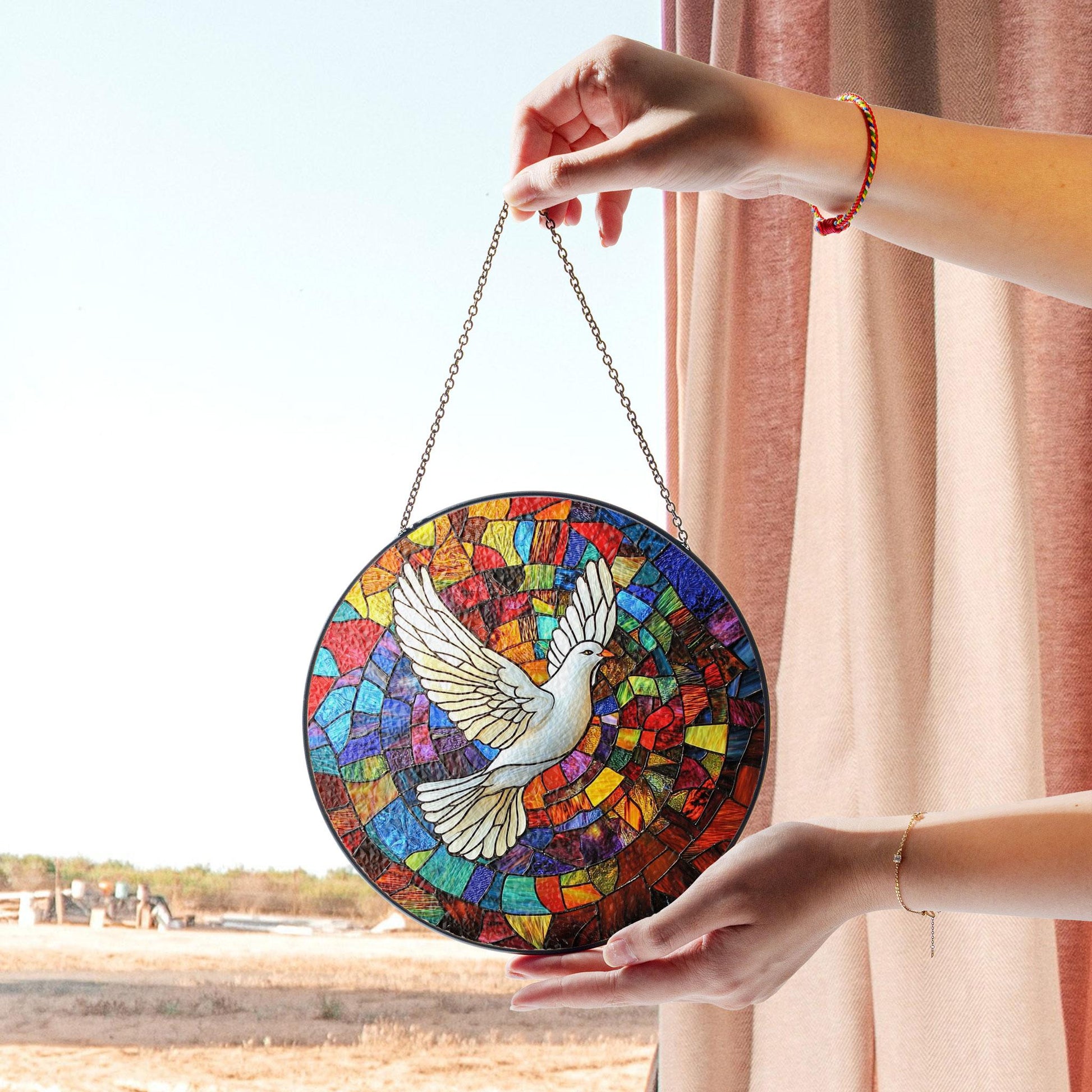 Peace Dove Stained Glass Panel - Vibrant Multicolor Design Circular Window Hanging , Colorful Acrylic Light Catcher, Stained Glass Effect Suncatcher, Handmade Window Decoration Gift