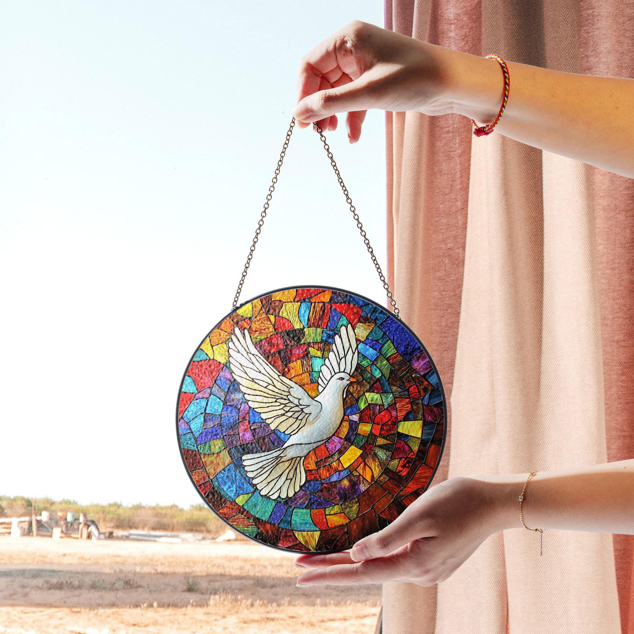 Peace Dove Stained Glass Panel - Vibrant Multicolor Design Circular Window Hanging , Colorful Acrylic Light Catcher, Stained Glass Effect Suncatcher, Handmade Window Decoration Gift