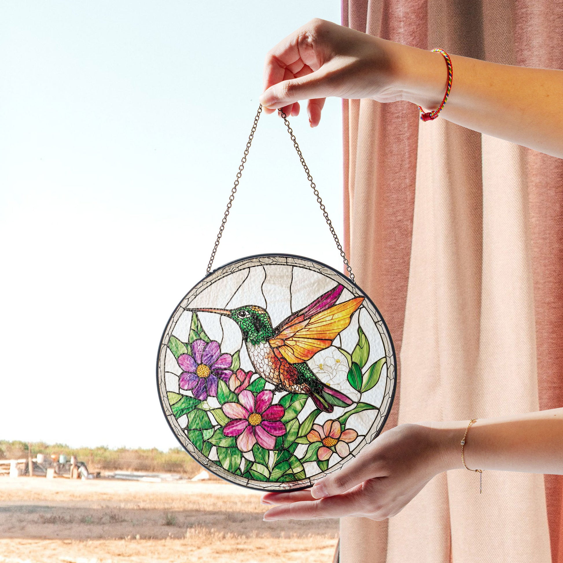 Stained Glass Hummingbird and Wildflowers Suncatcher, Window Hanging Decor, Indoor Wall Art, Gift for Women, Floral Bird Art Ornament , Vibrant Acrylic Sun Catcher Hanging, Stained Glass Look Window Decor, Decorative Home Accent Gift