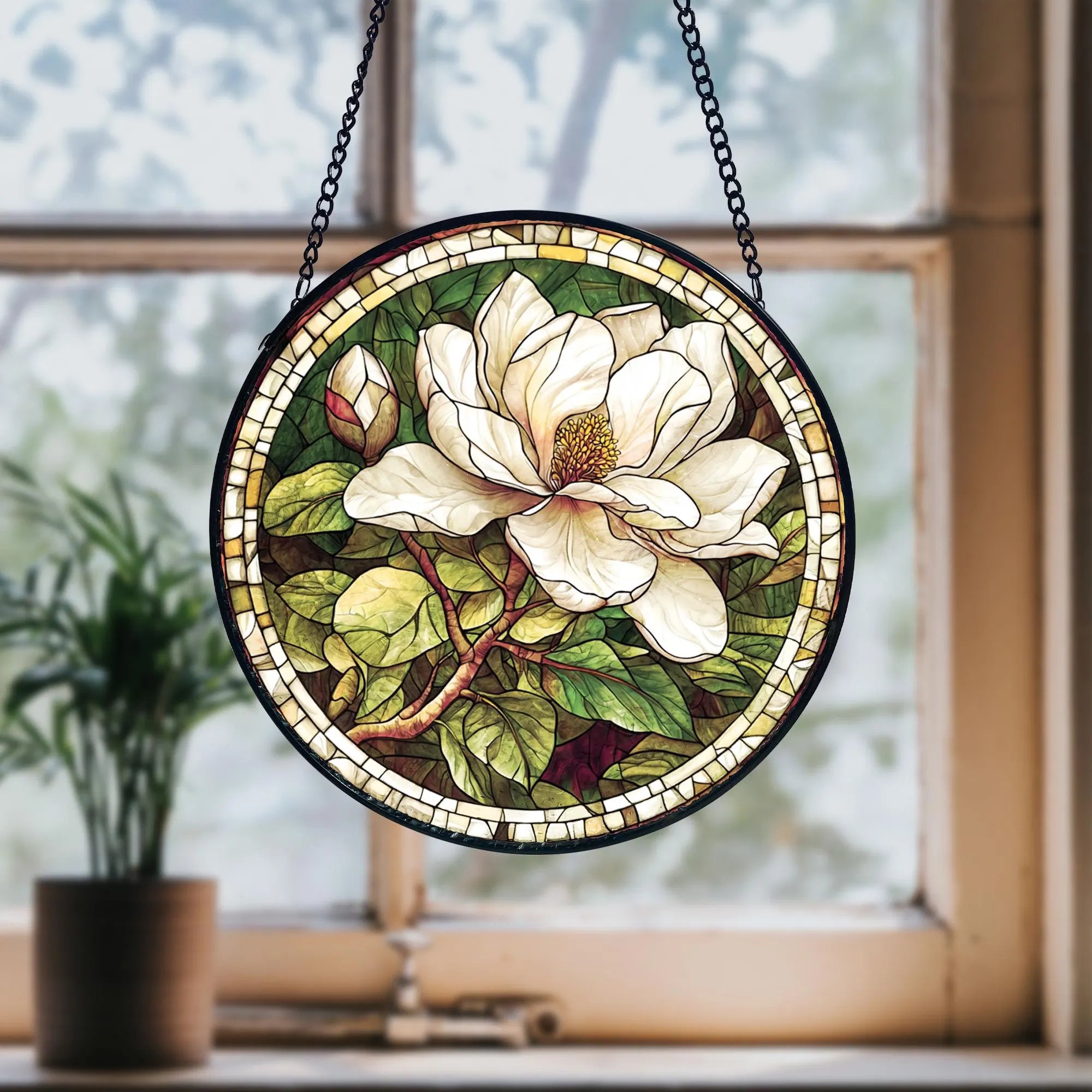 White Magnolia Stained Glass Suncatcher_ Handmade Floral Window Hanging, Decorative Stained Glass Style Suncatcher, Acrylic Window Art Panel, Sun Catcher Hanging Ornament, Unique Home Accent, andmade Home Decoration